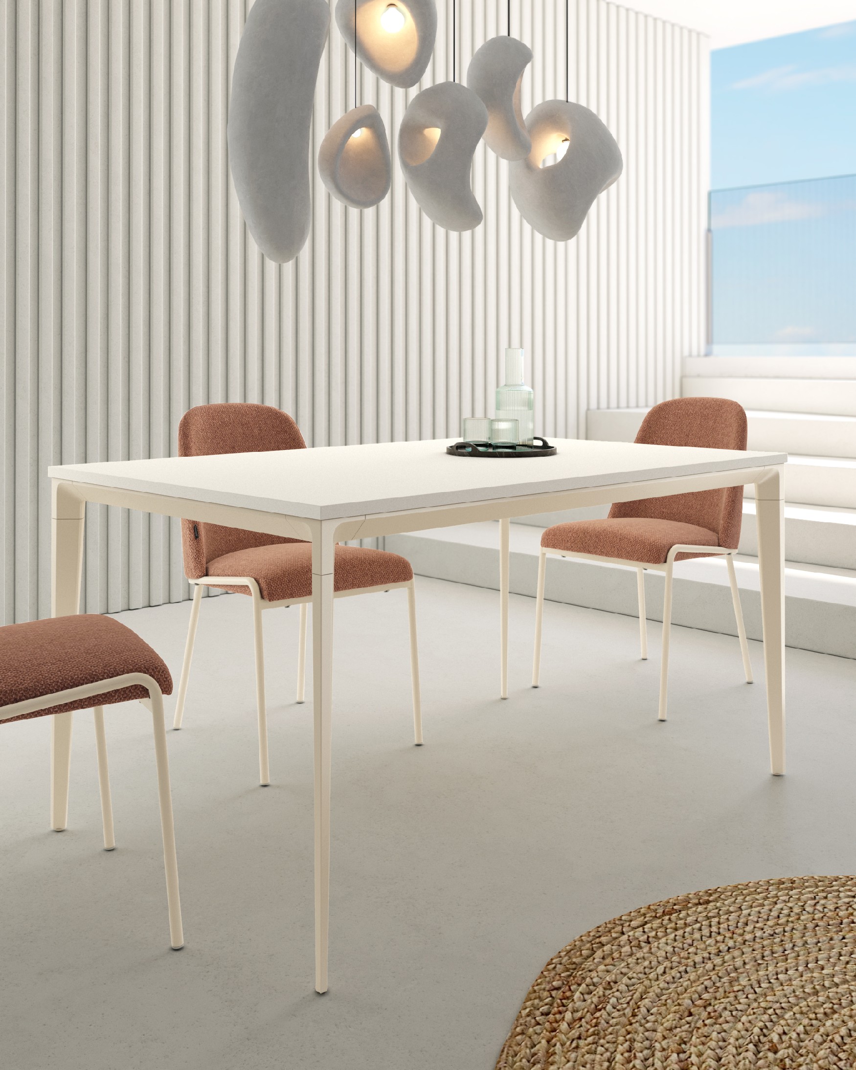 Mesa Ness con sobre de melamina soul blanco y pata metálica marfil 160 x 90 cm