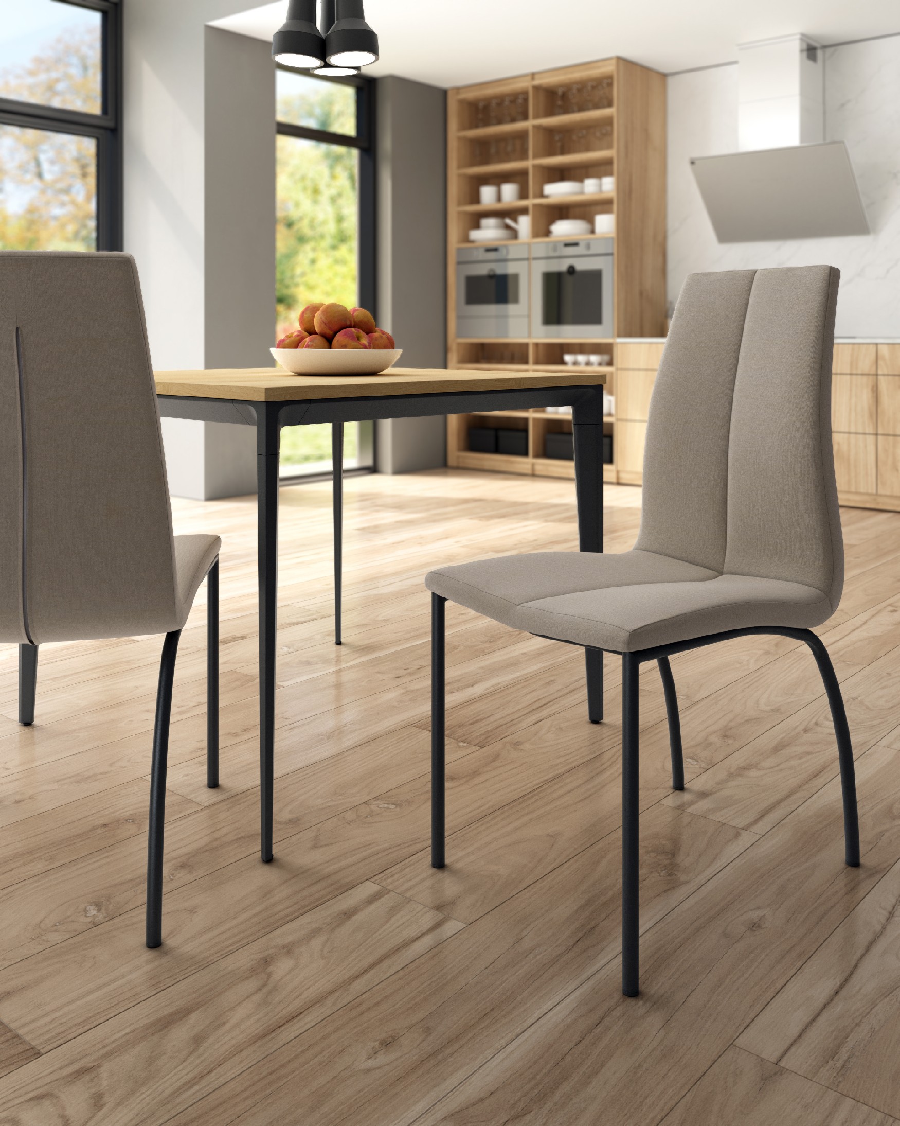 Niza chair with pearl upholstery and black metal legs