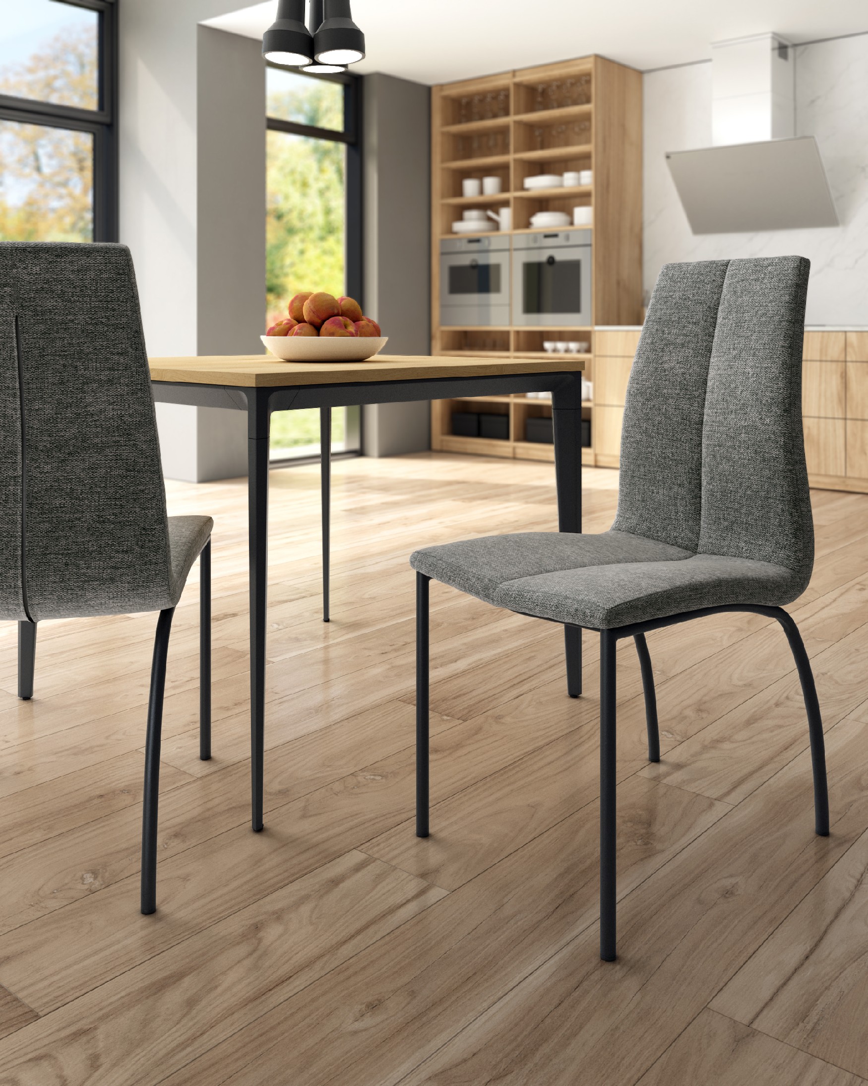 Chaise Niza avec rembourrage gris et pieds métalliques noirs