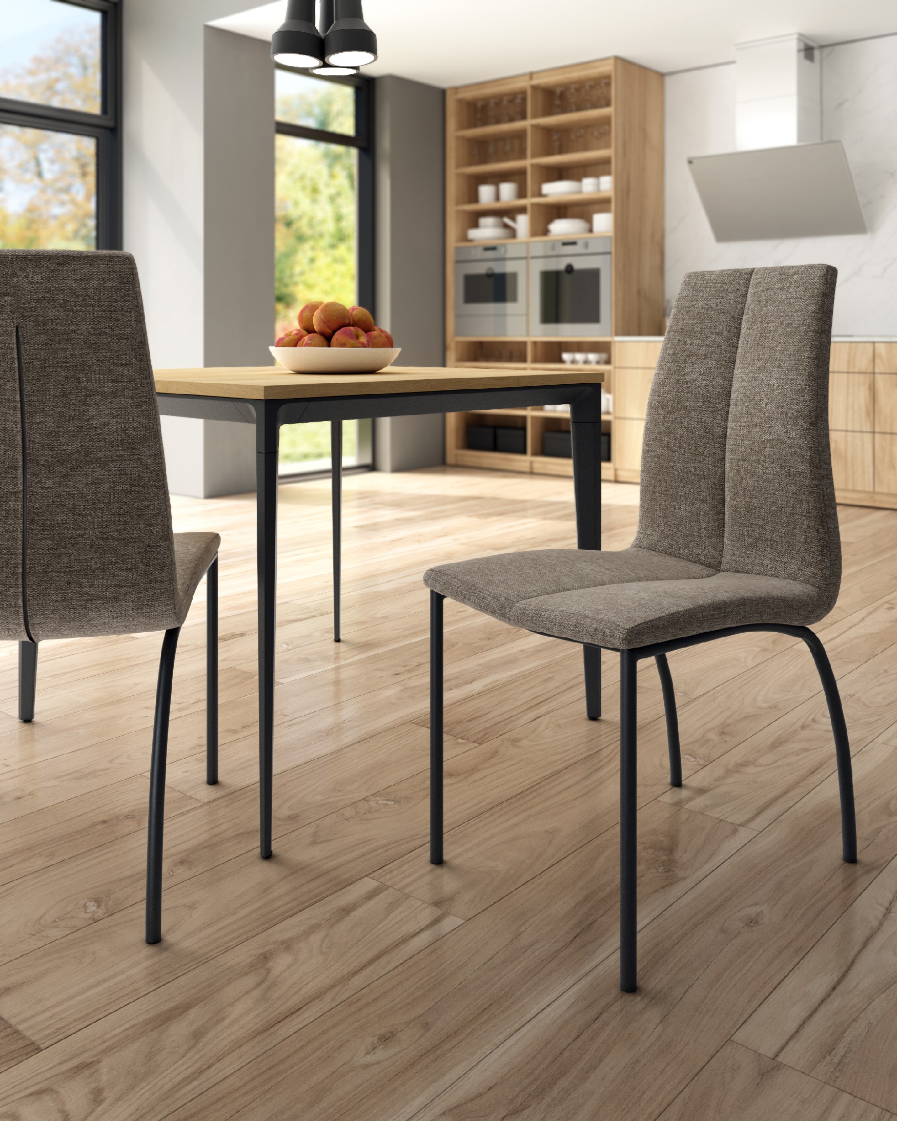 Chaise Niza avec revêtement marron et pieds métalliques noirs