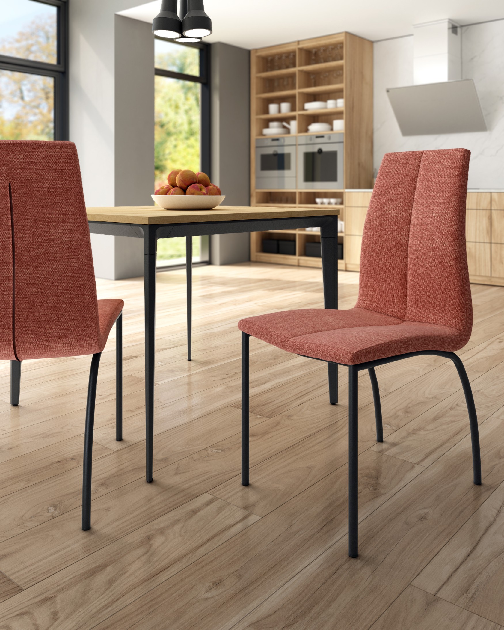 Niza chair with salmon upholstery and black metal legs