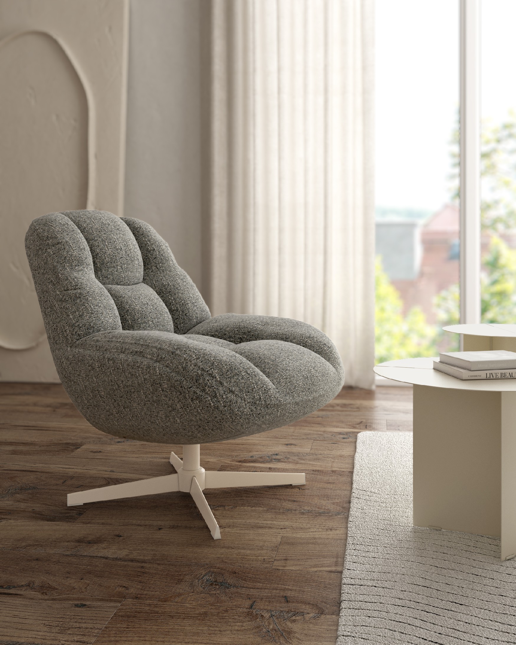 Nolia armchair with storm upholstery and ivory metal base, 360° swivel