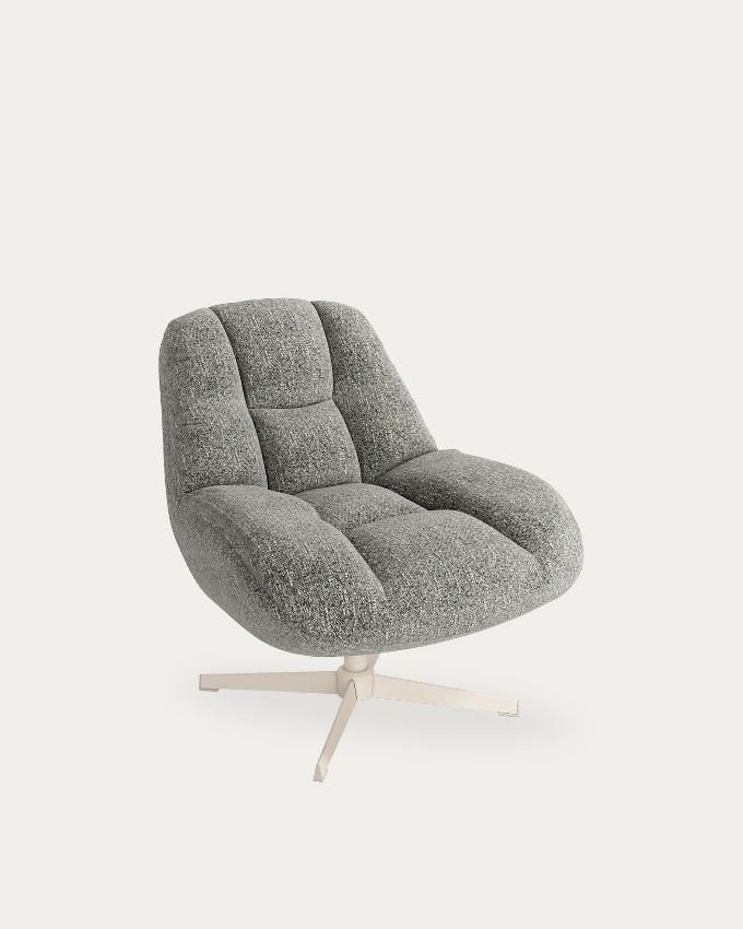 Nolia armchair with storm upholstery and ivory metal base, 360° swivel