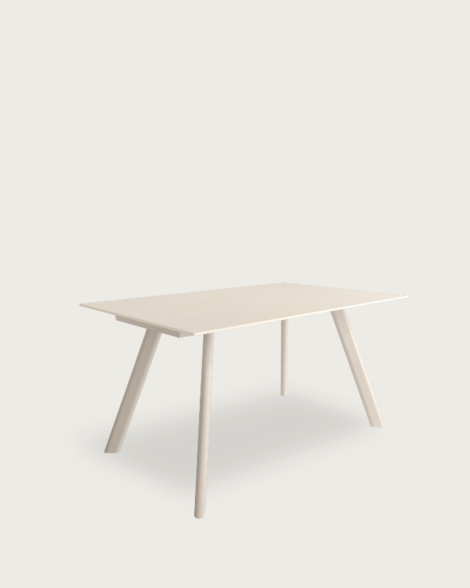 Oman table with sandy porcelain finish and ivory metal leg 160 x 90 cm