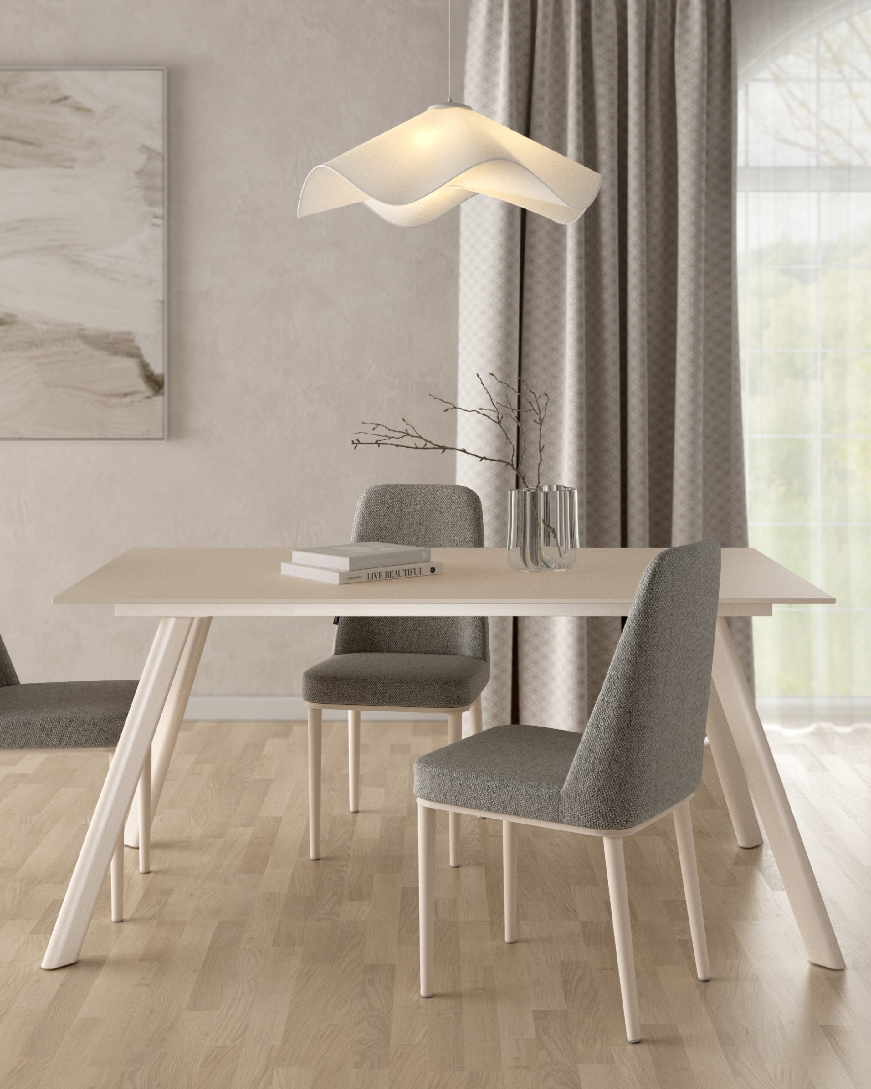Table Oman avec finition en porcelaine sable et pied en métal ivoire 160 x 90 cm
