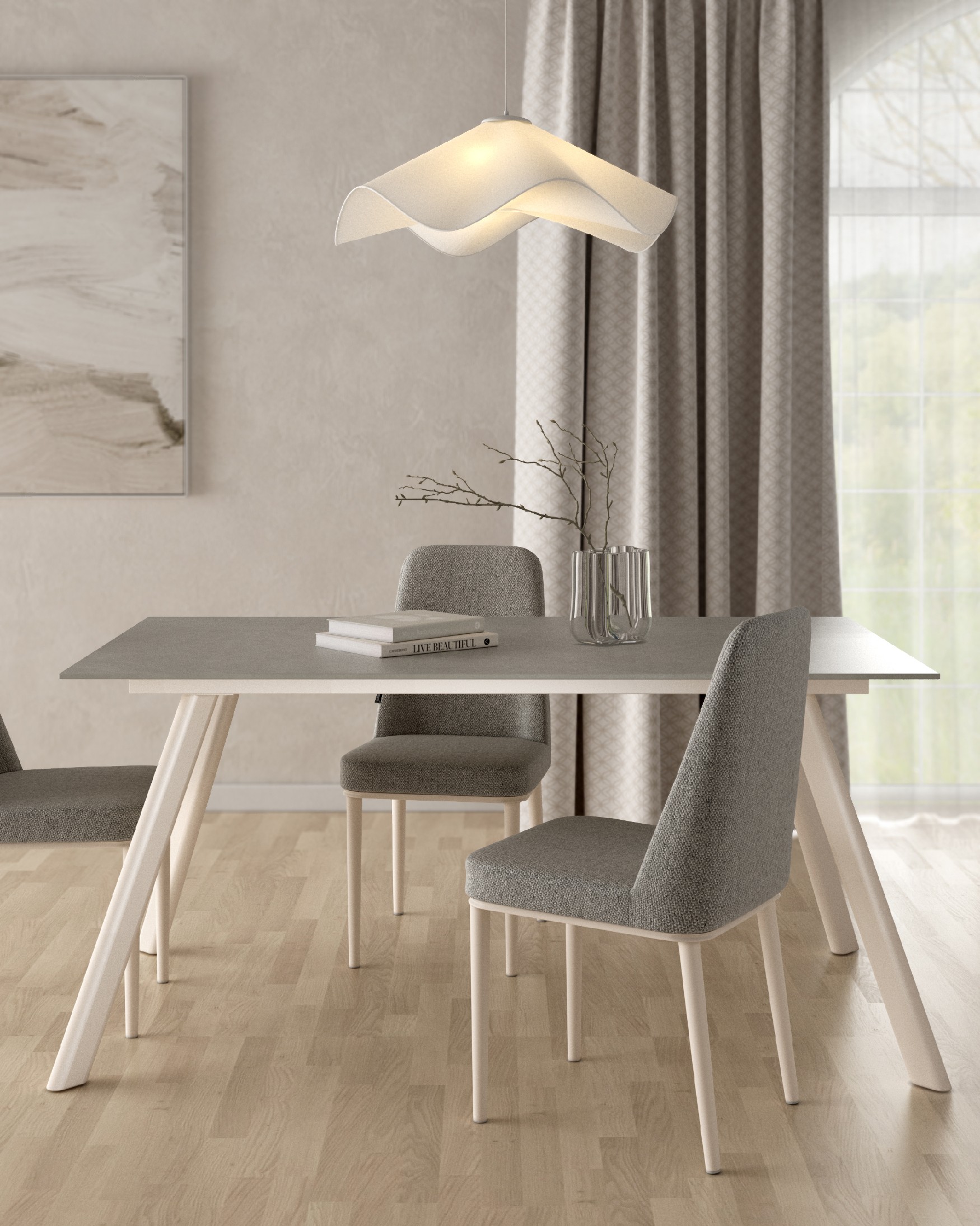 Mesa Oman con acabado porcelánico porland y pata metálica marfil 180 x 90 cm