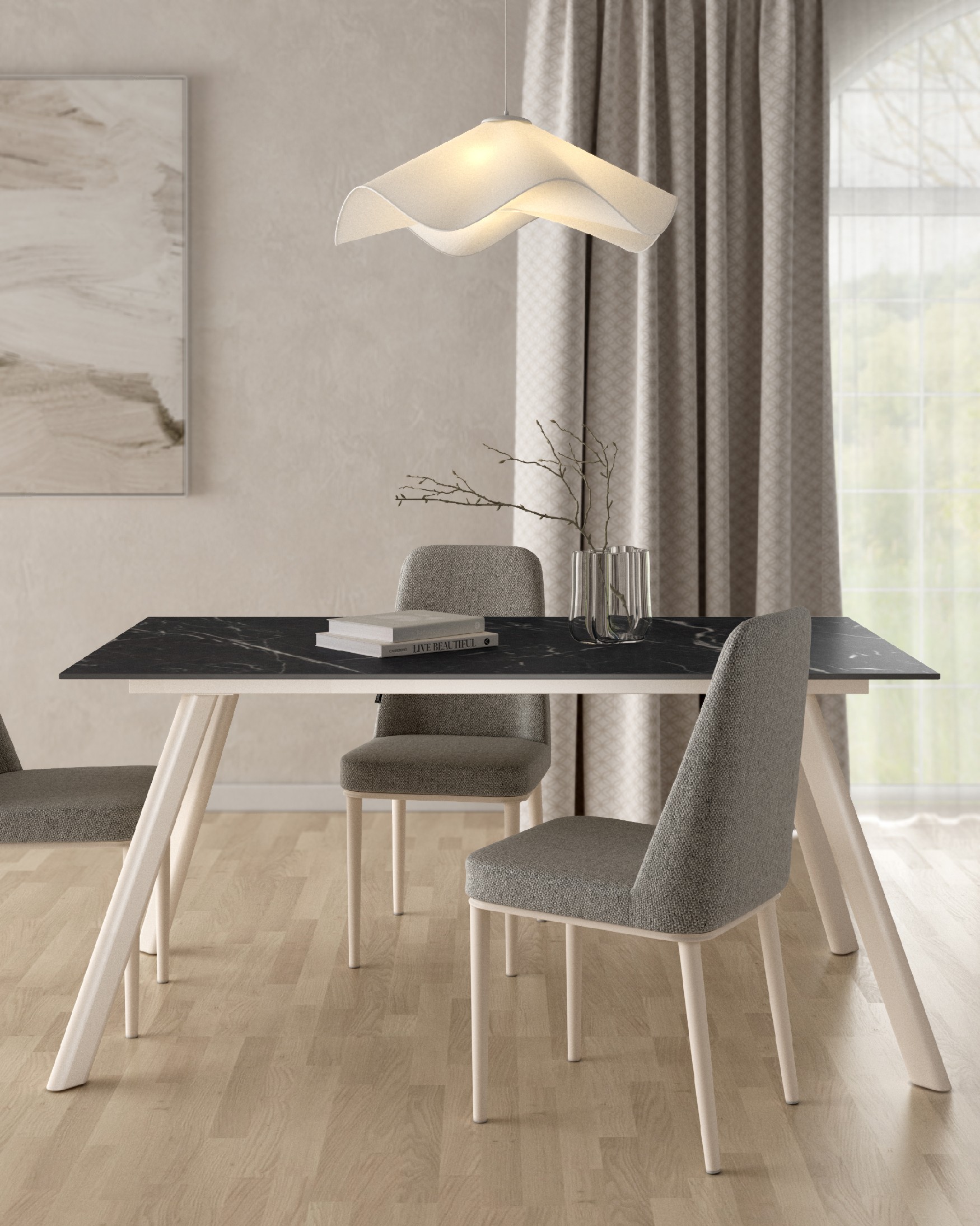 Oman table with marquina porcelain finish and ivory metal leg 180 x 90 cm