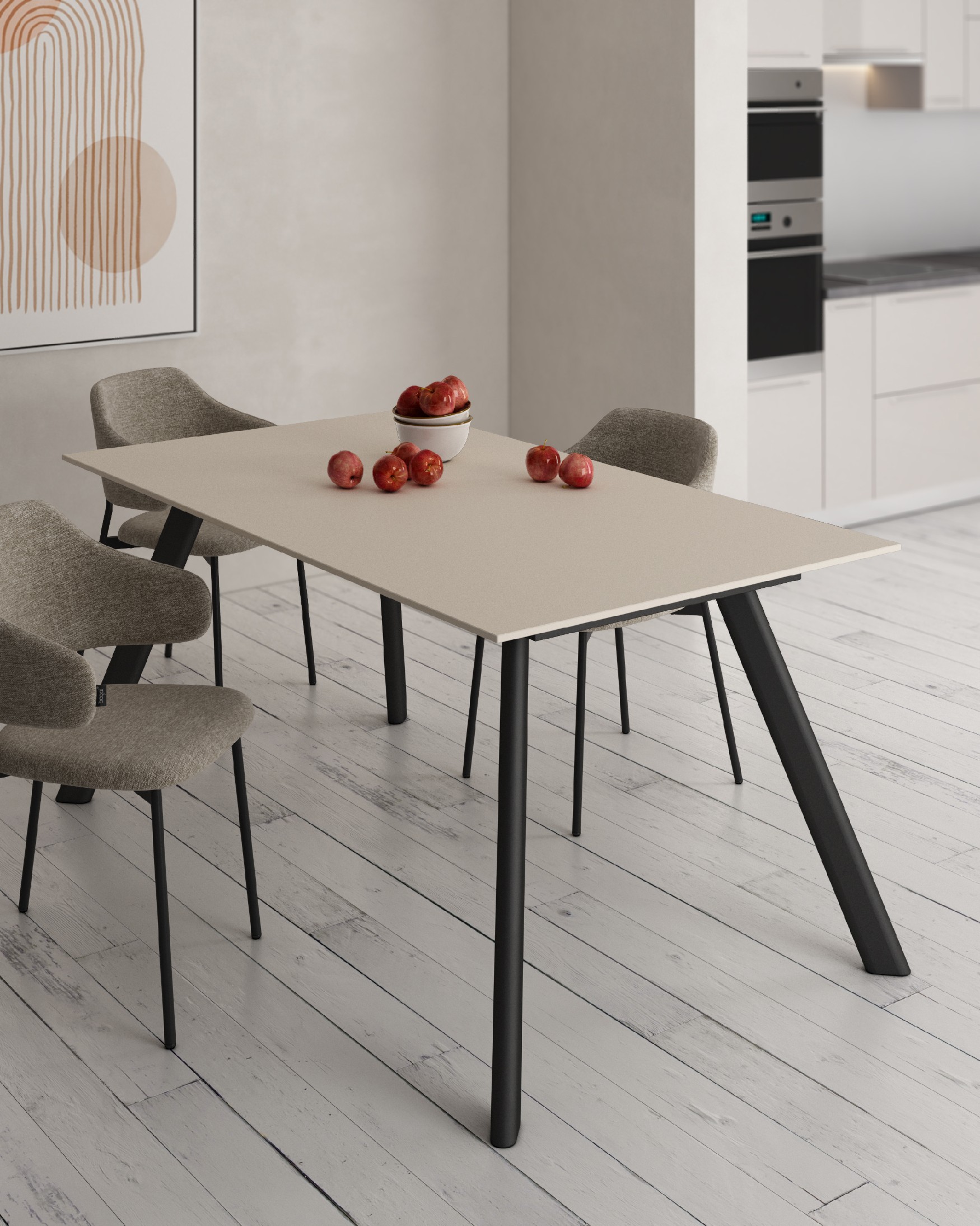 Oman table with sand porcelain finish and black metal leg 180 x 90 cm