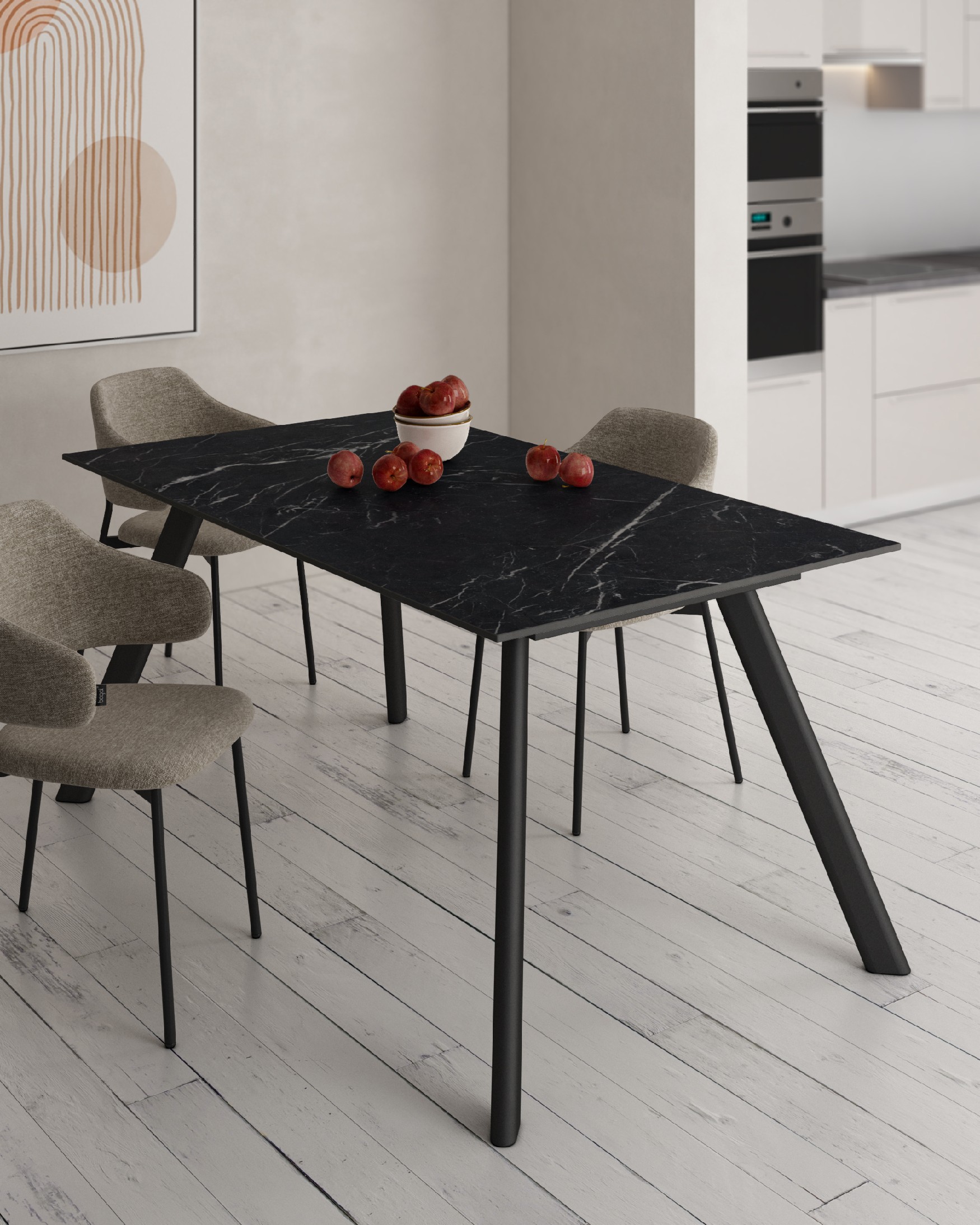 Oman table with marble porcelain finish and black metal leg 180 x 90 cm