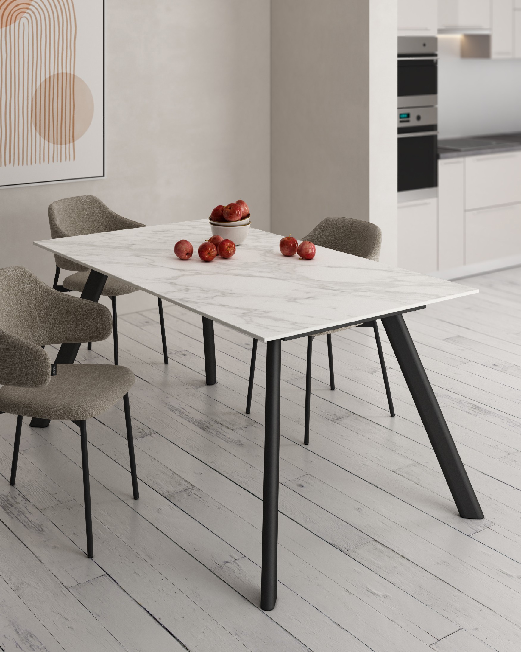 Table Oman avec finition en porcelaine Carrara et pied en métal noir 180 x 90 cm