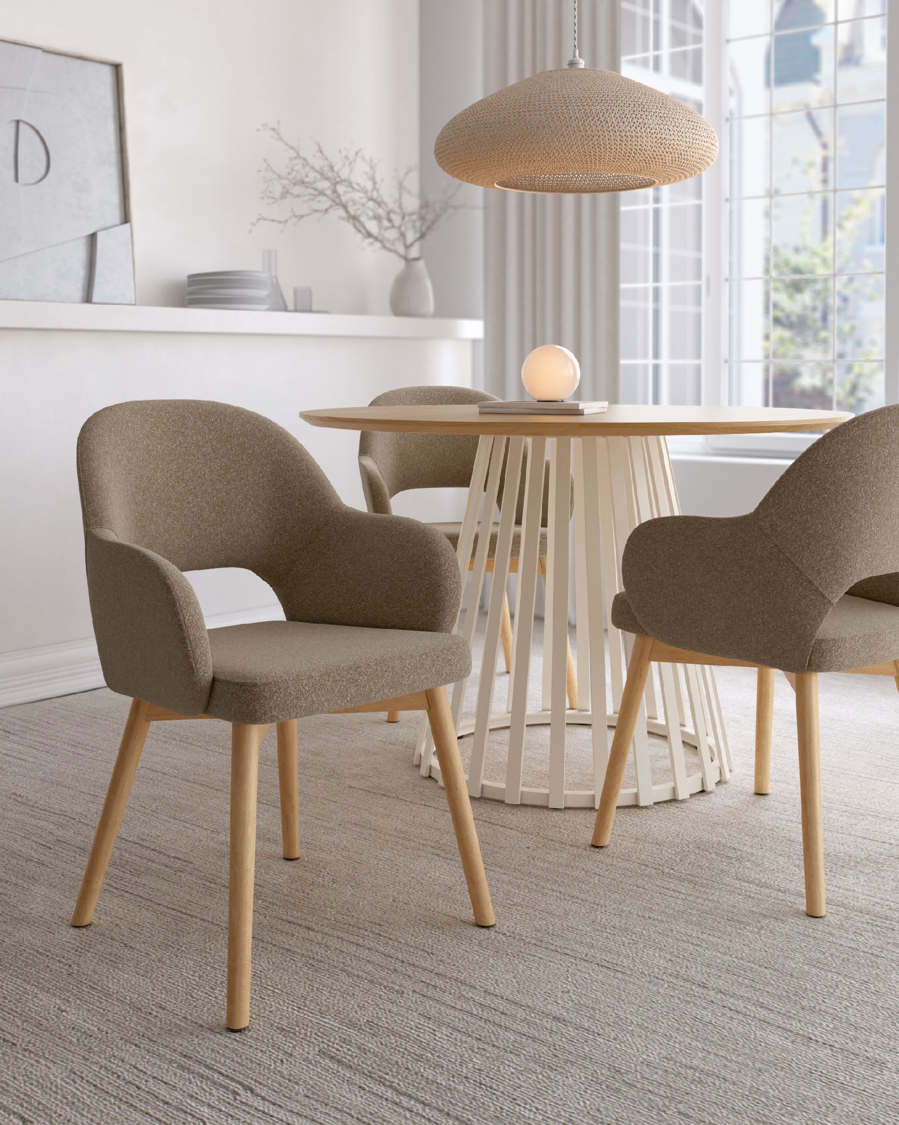 Ona chair with brown upholstery and oak legs