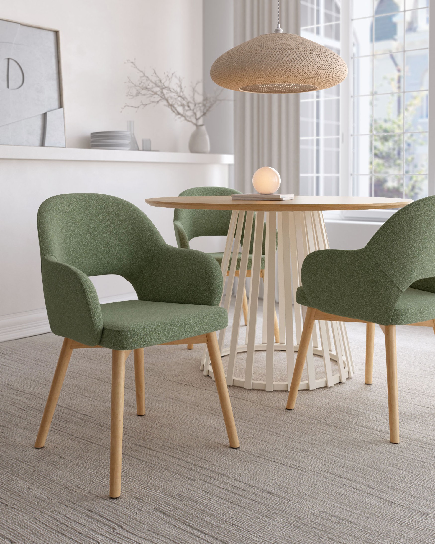 Silla Ona con tapizado verde y patas de roble