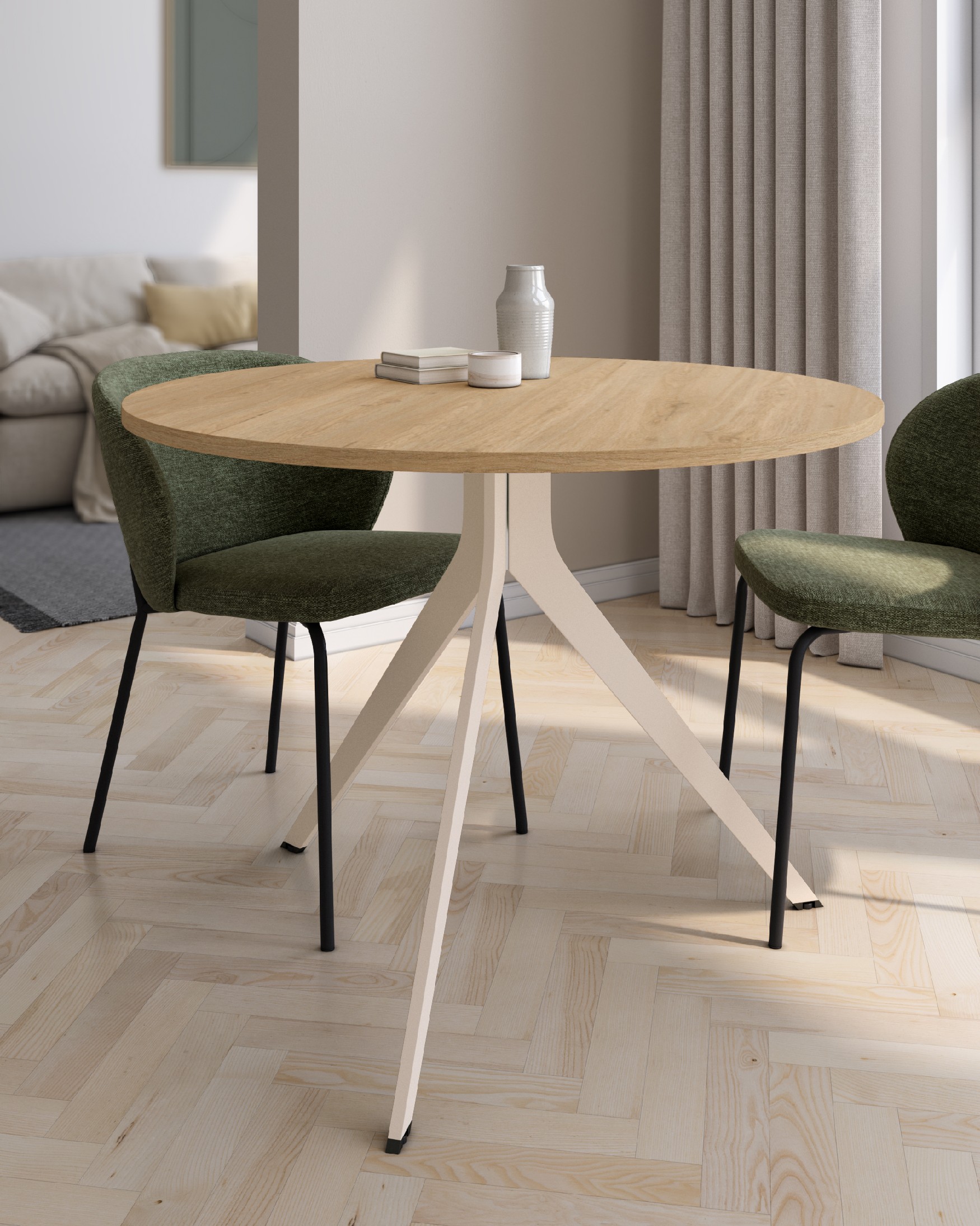 Round Orta table with natural oak melamine top and ivory metal leg Ø 100 cm