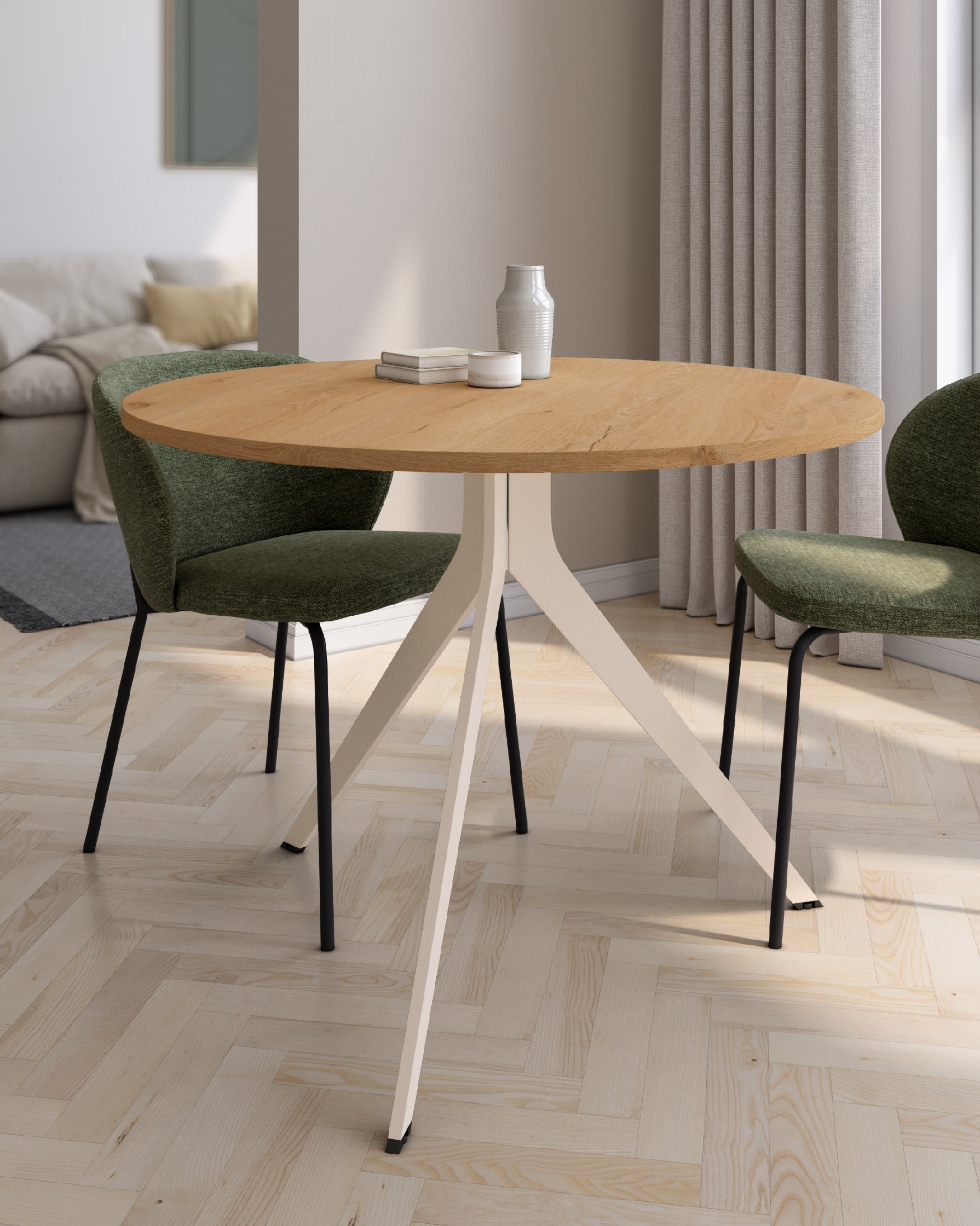 Mesa Orta redonda con sobre de melamina roble y pata metálica marfil Ø 120 cm