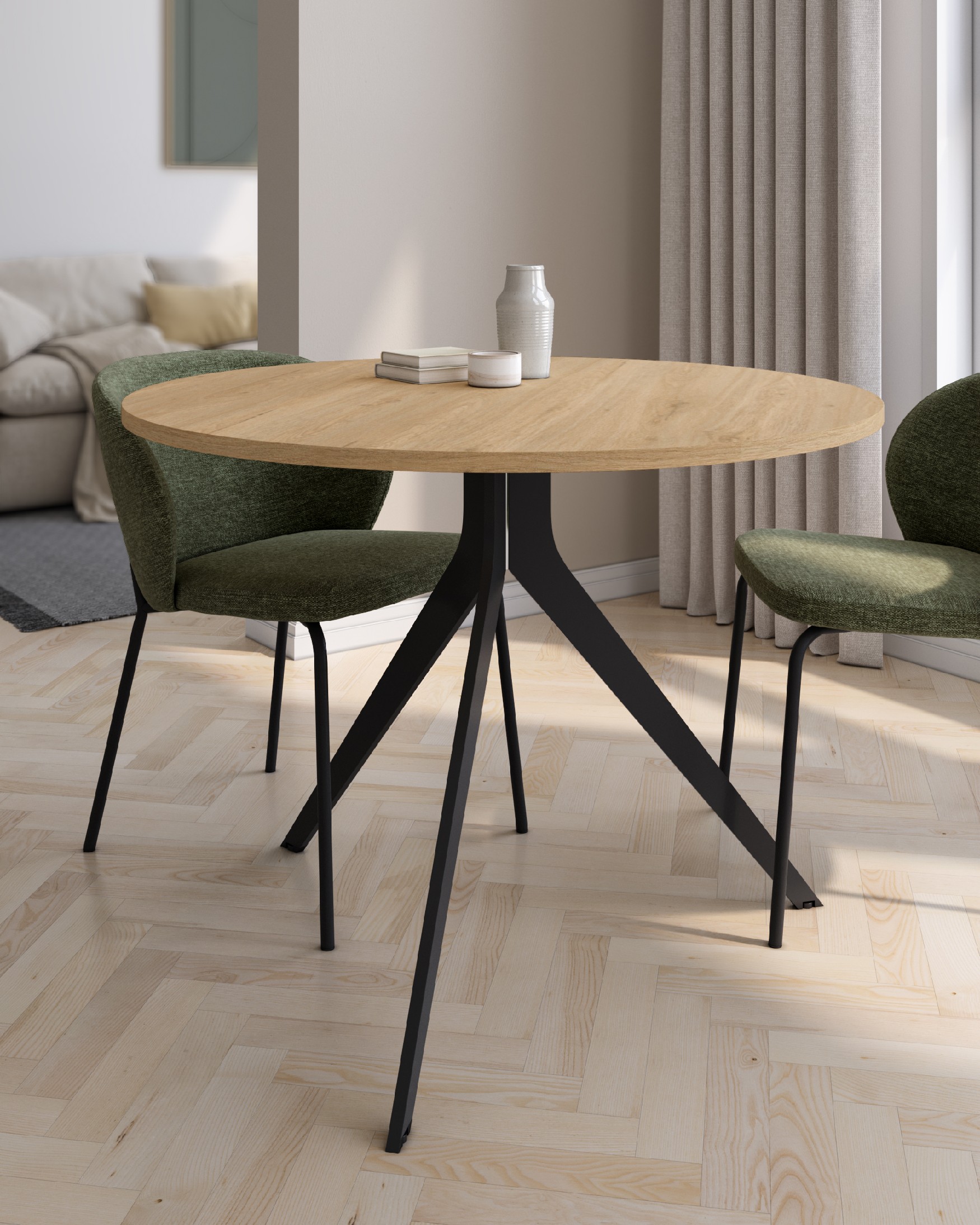 Round Orta table with natural oak melamine top and black metal leg Ø 100 cm