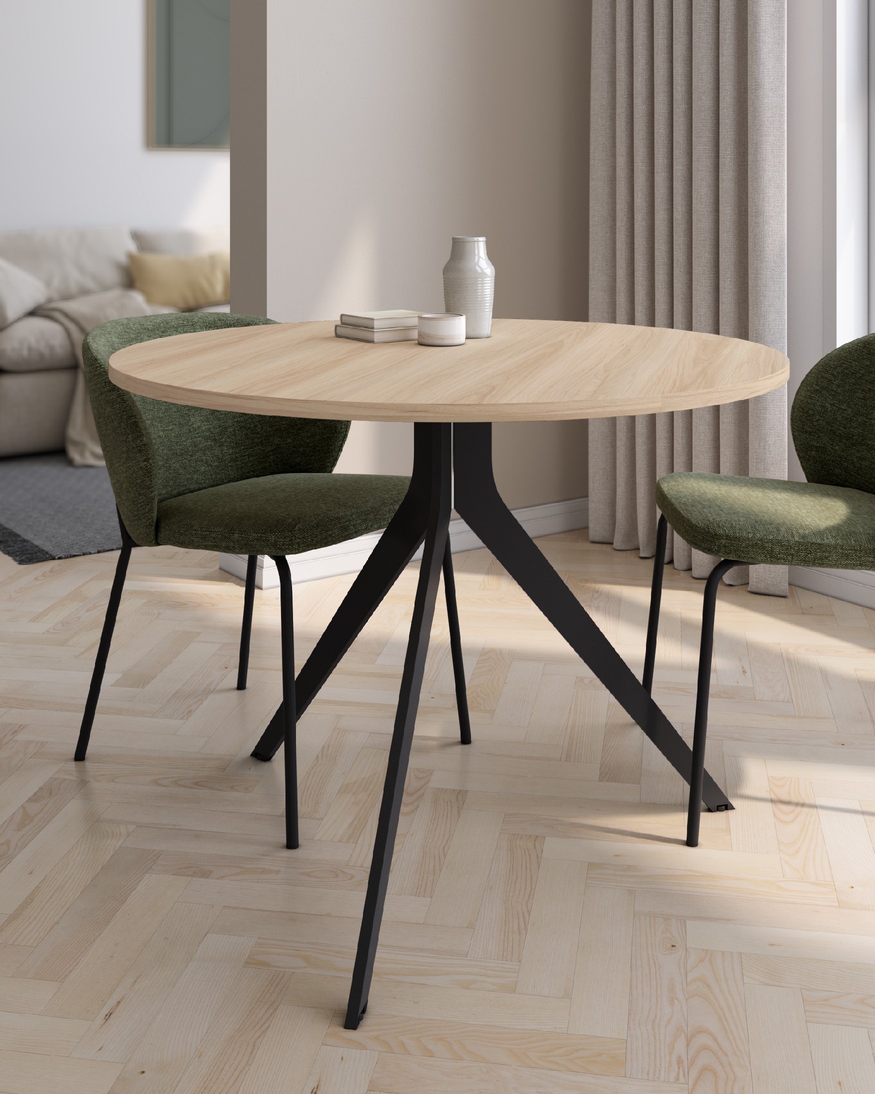 Table ronde Orta avec dessus en mélamine chêne et pied métallique noir Ø 120 cm