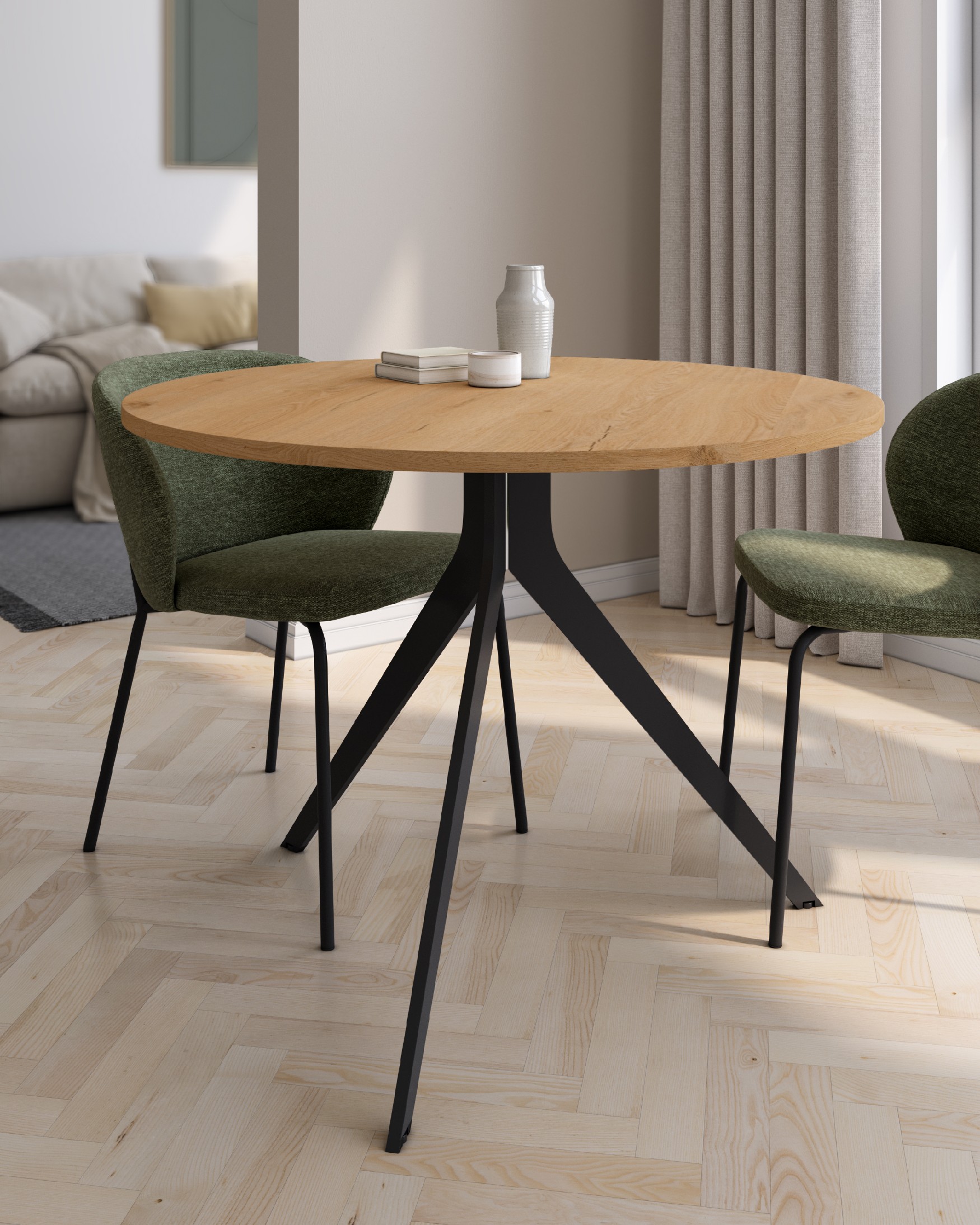 Table ronde Orta avec plateau en mélamine chêne et pied métallique noir Ø 120 cm