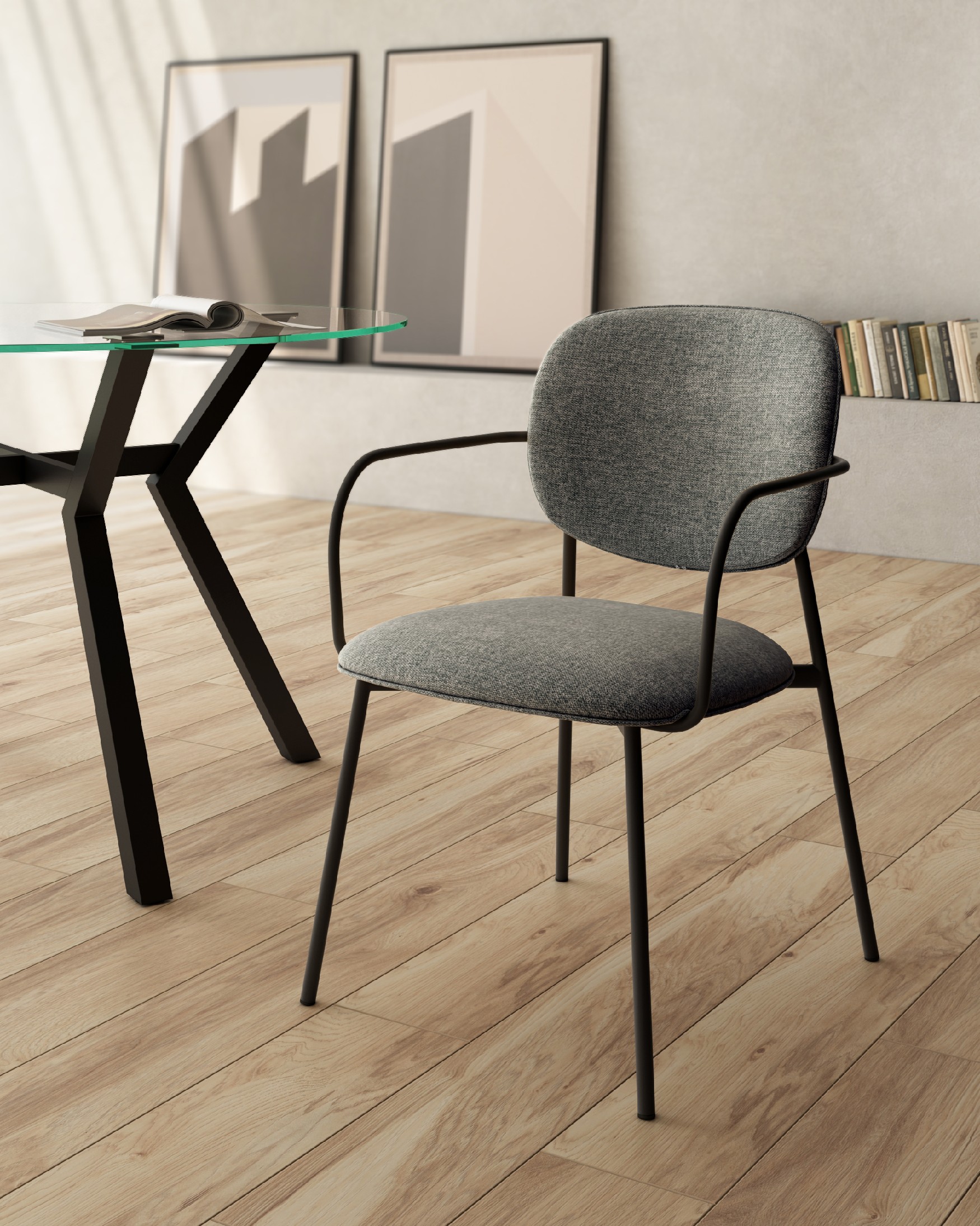 Osaka chair with gray upholstery and black metal legs