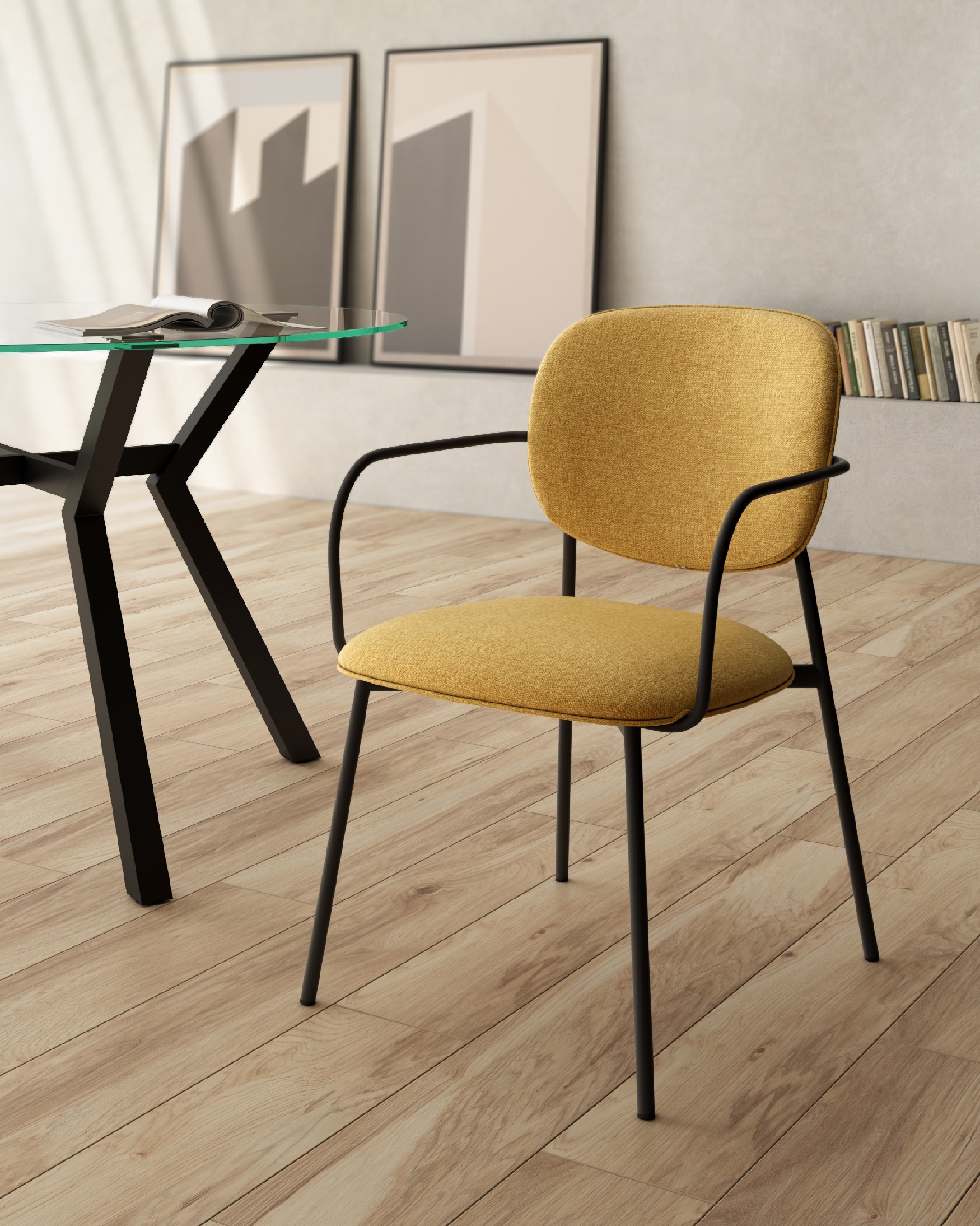 Chaise Osaka avec un revêtement moutarde et des pieds métalliques noirs