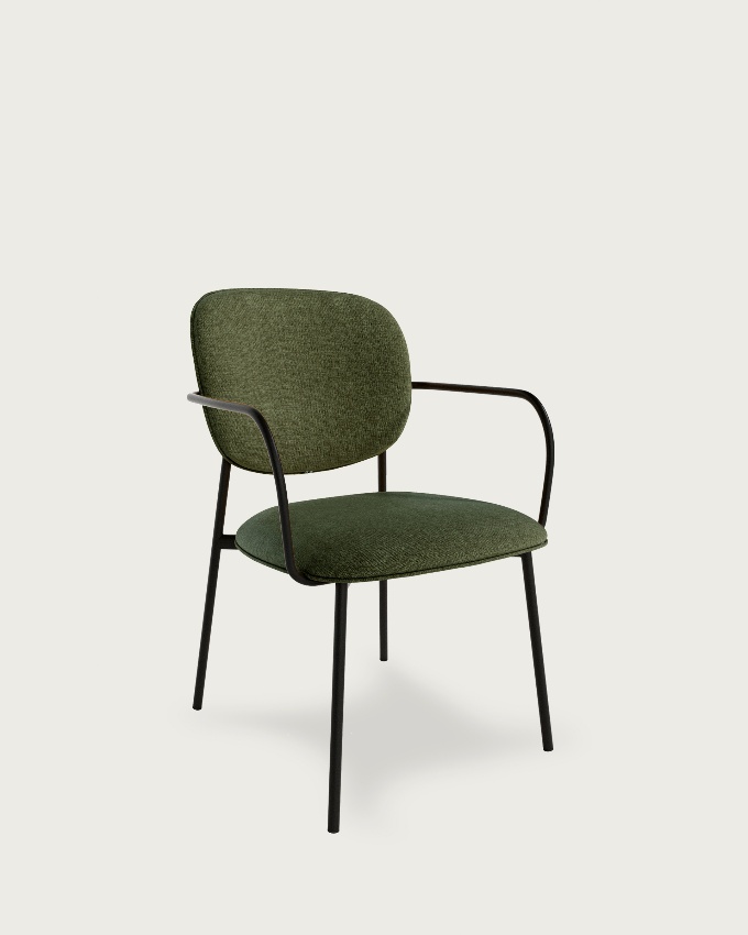 Silla Osaka con tapizado verde y patas metálicas negras