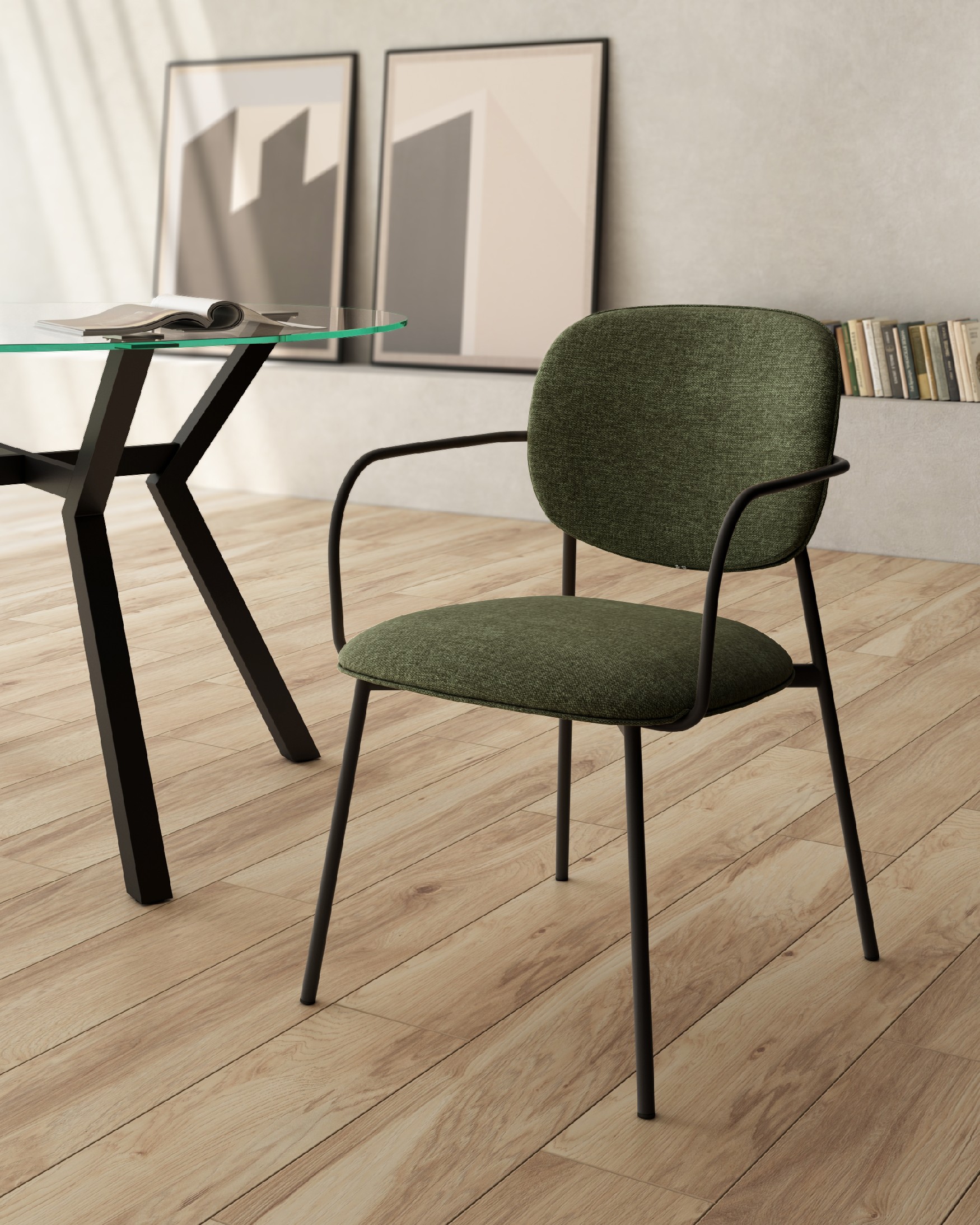 Silla Osaka con tapizado verde y patas metálicas negras