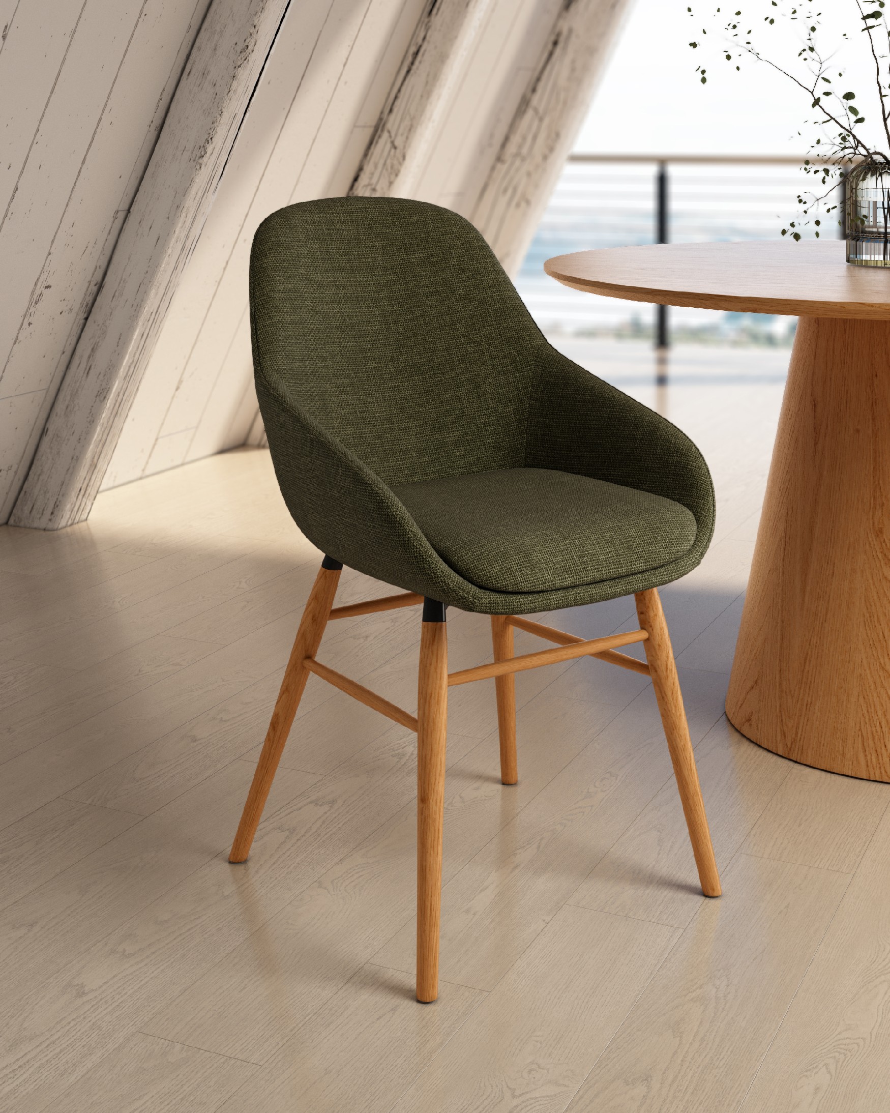 Ottawa chair with green upholstery and wooden legs