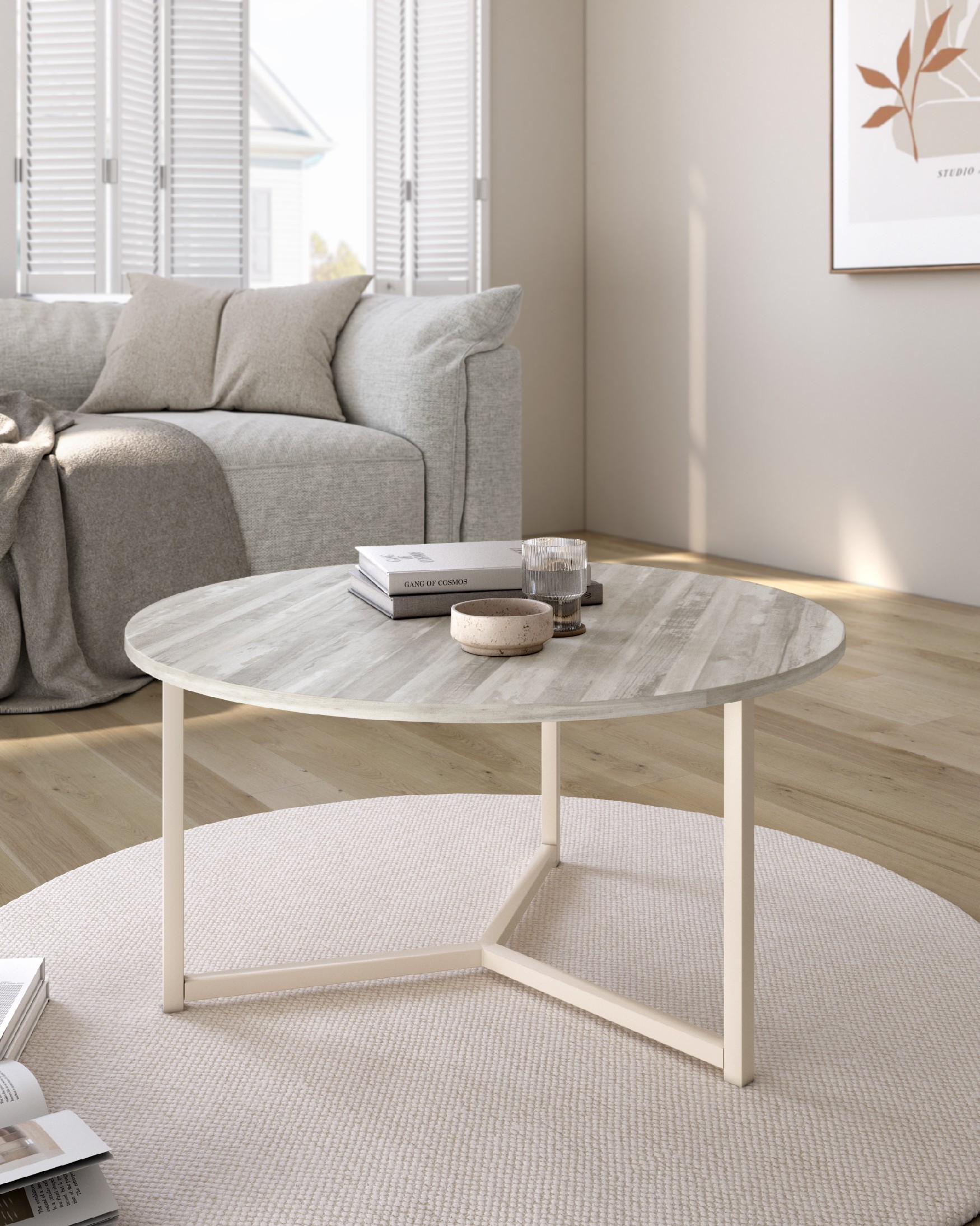 Pacífico round side table with artic melamine top and ivory metal leg Ø 80 cm