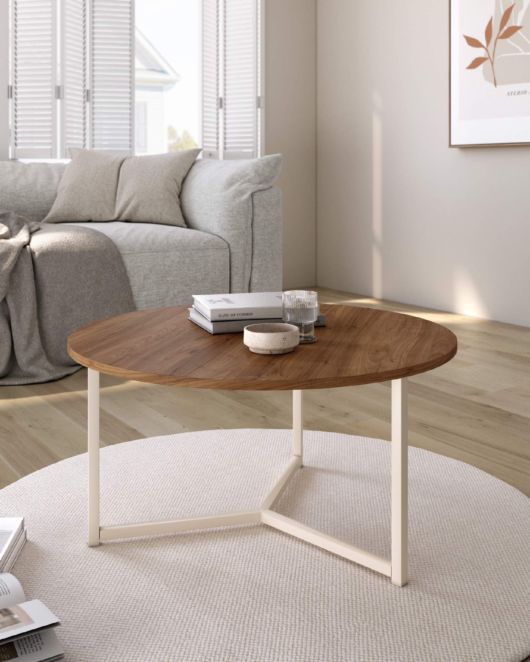 Table auxiliaire Pacifique ronde avec plateau en mélamine java et pied métallique ivoire Ø 80 cm