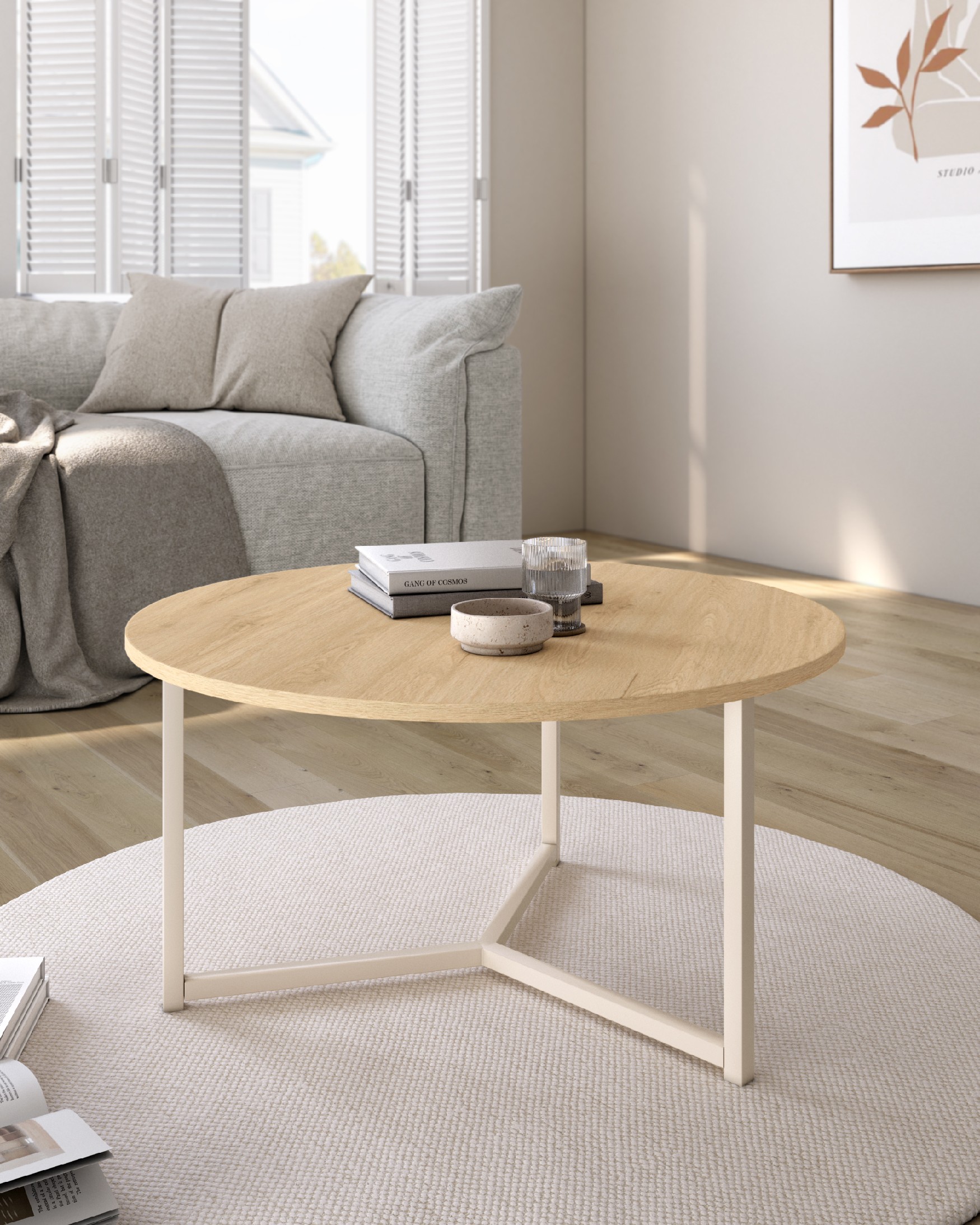 Table d'appoint Pacifique ronde avec plateau en mélamine chêne naturel et pied métallique ivoire Ø 80 cm