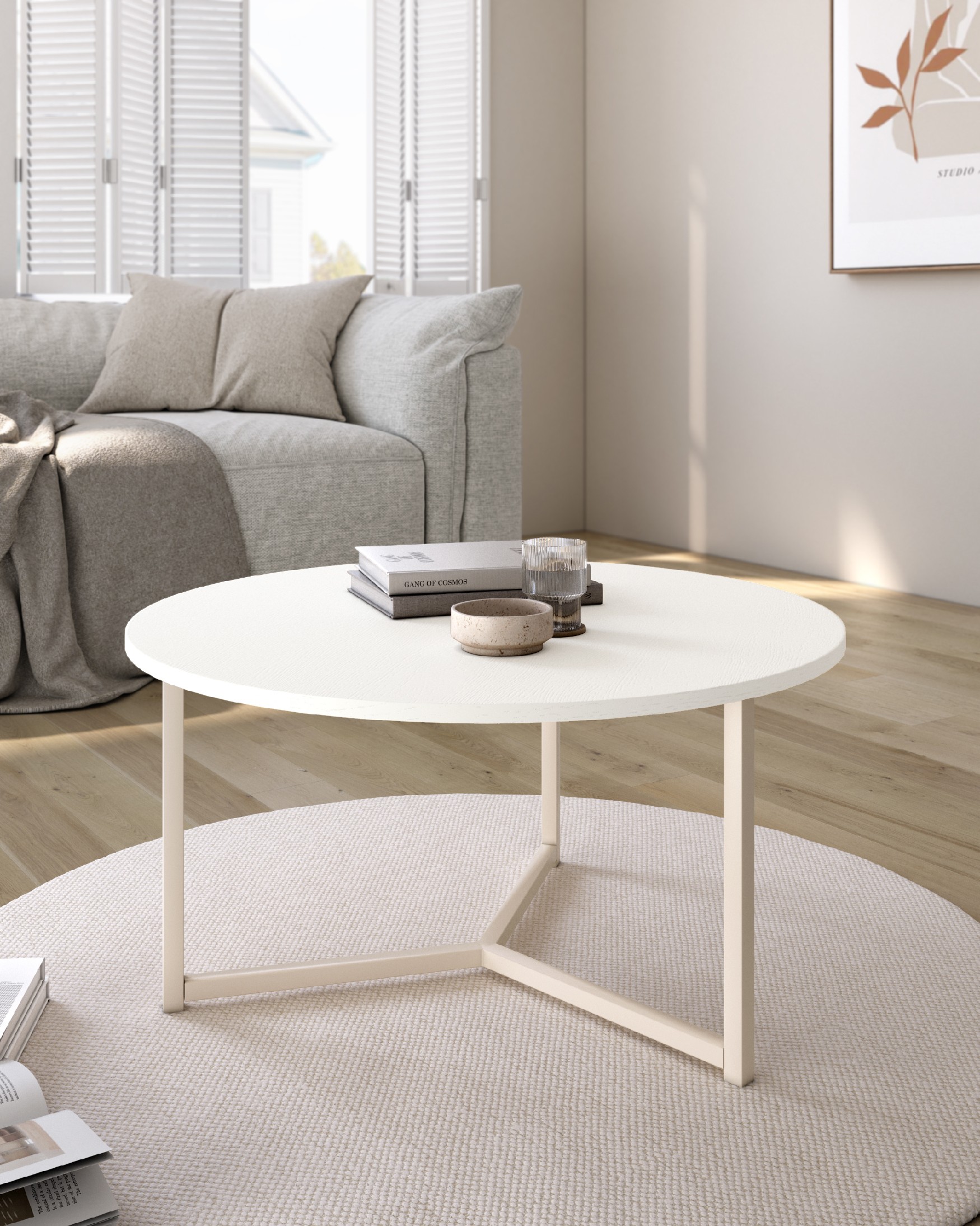 Round auxiliary table Pacífico with a white melamine soul top and ivory metal leg Ø 80 cm
