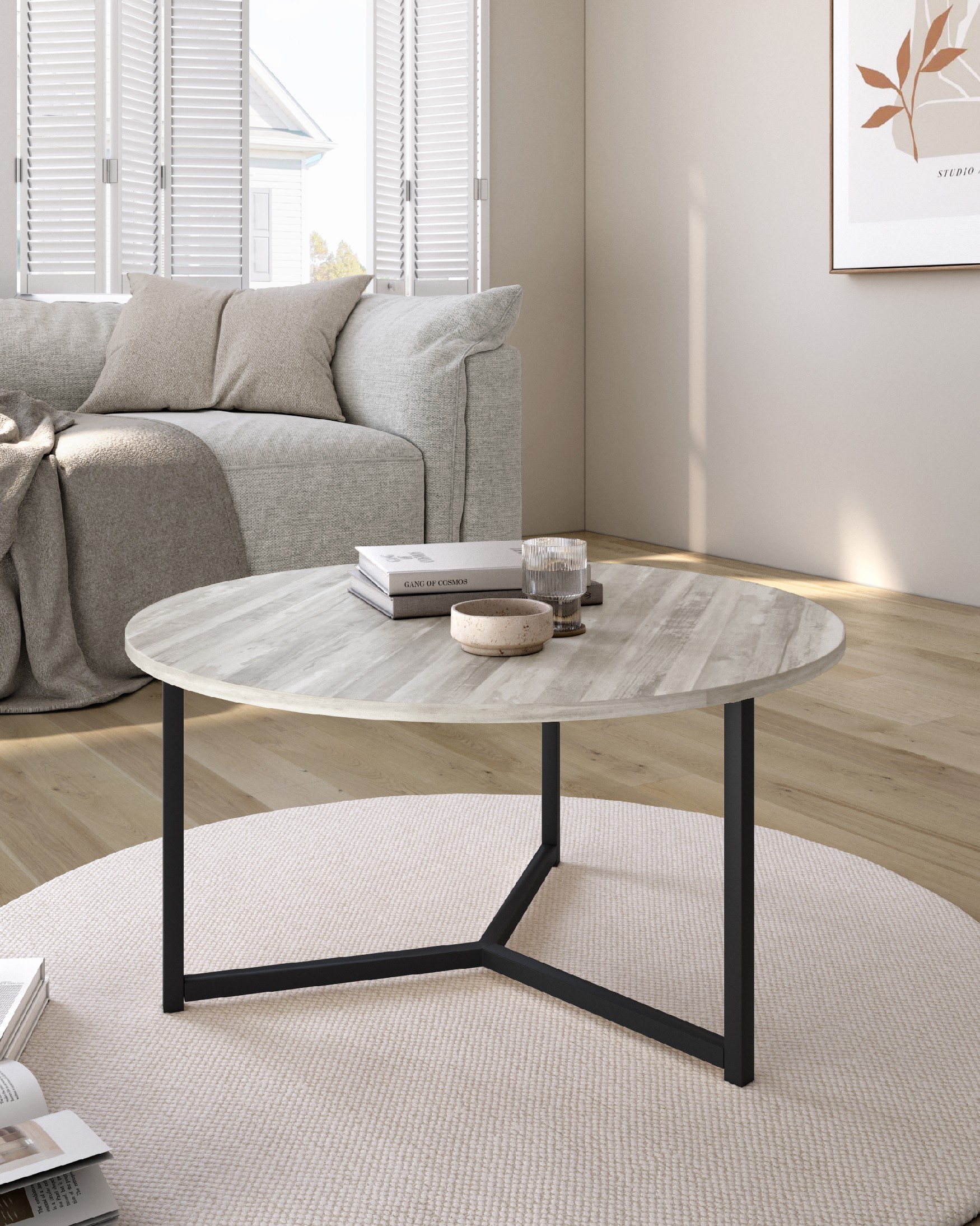 Table d'appoint Pacífico ronde avec plateau en mélamine artic et pied métallique noir Ø 80 cm