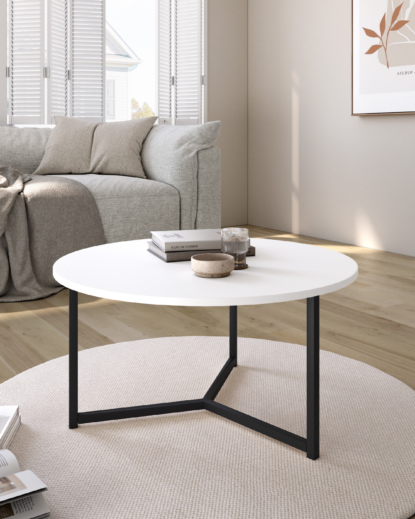 Table d'appoint Pacifique ronde avec plateau en mélamine blanche extra et pied métallique noir Ø 80 cm