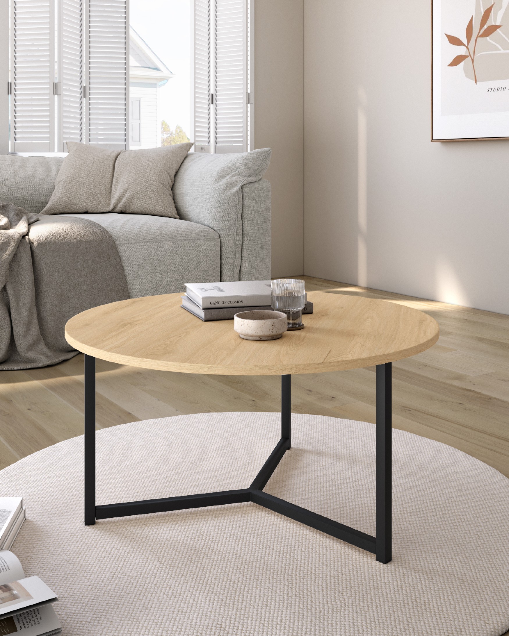 Pacífico round side table with natural oak melamine top and black metal leg Ø 80 cm
