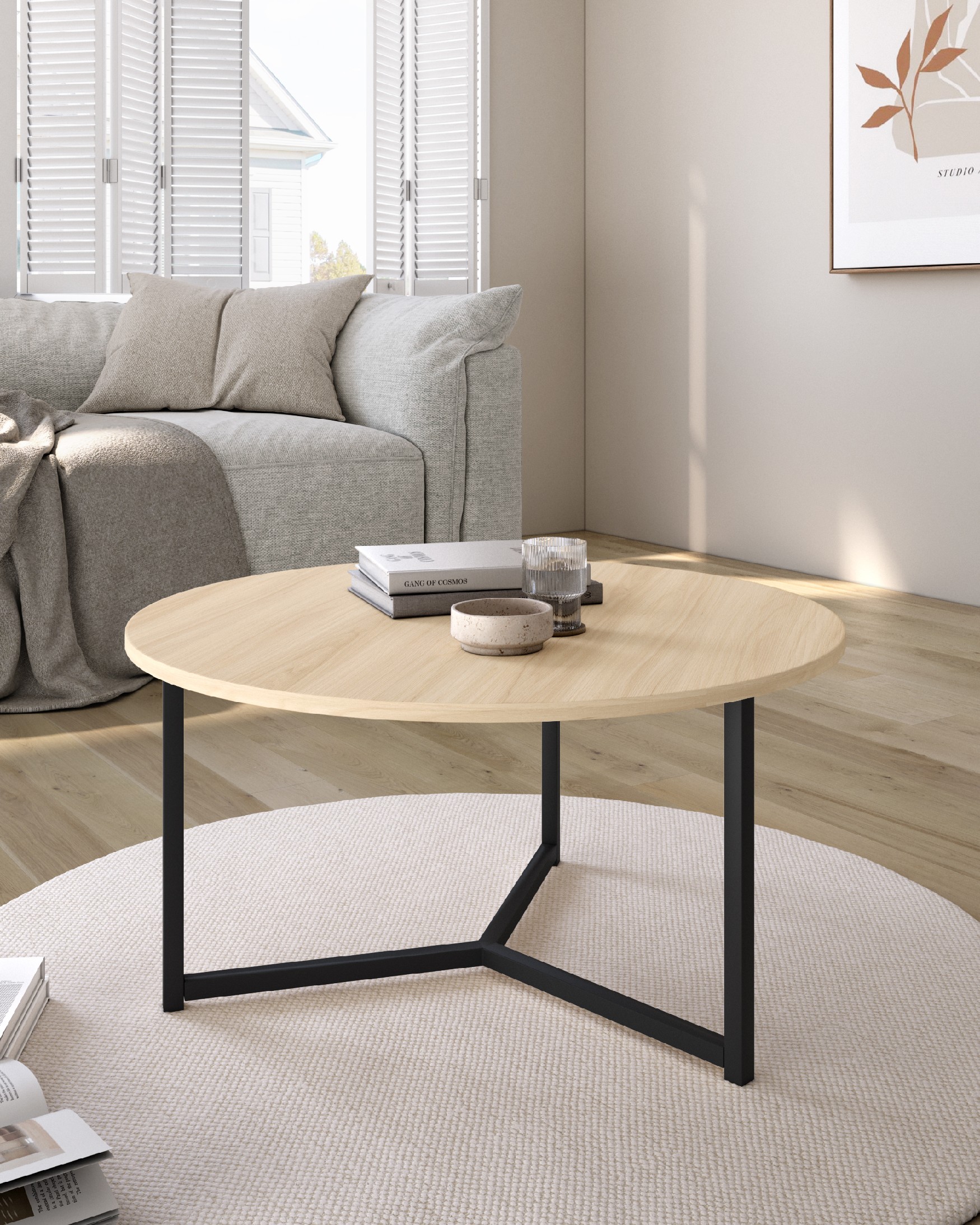 Pacífico round side table with elm melamine top and black metal leg Ø 80 cm