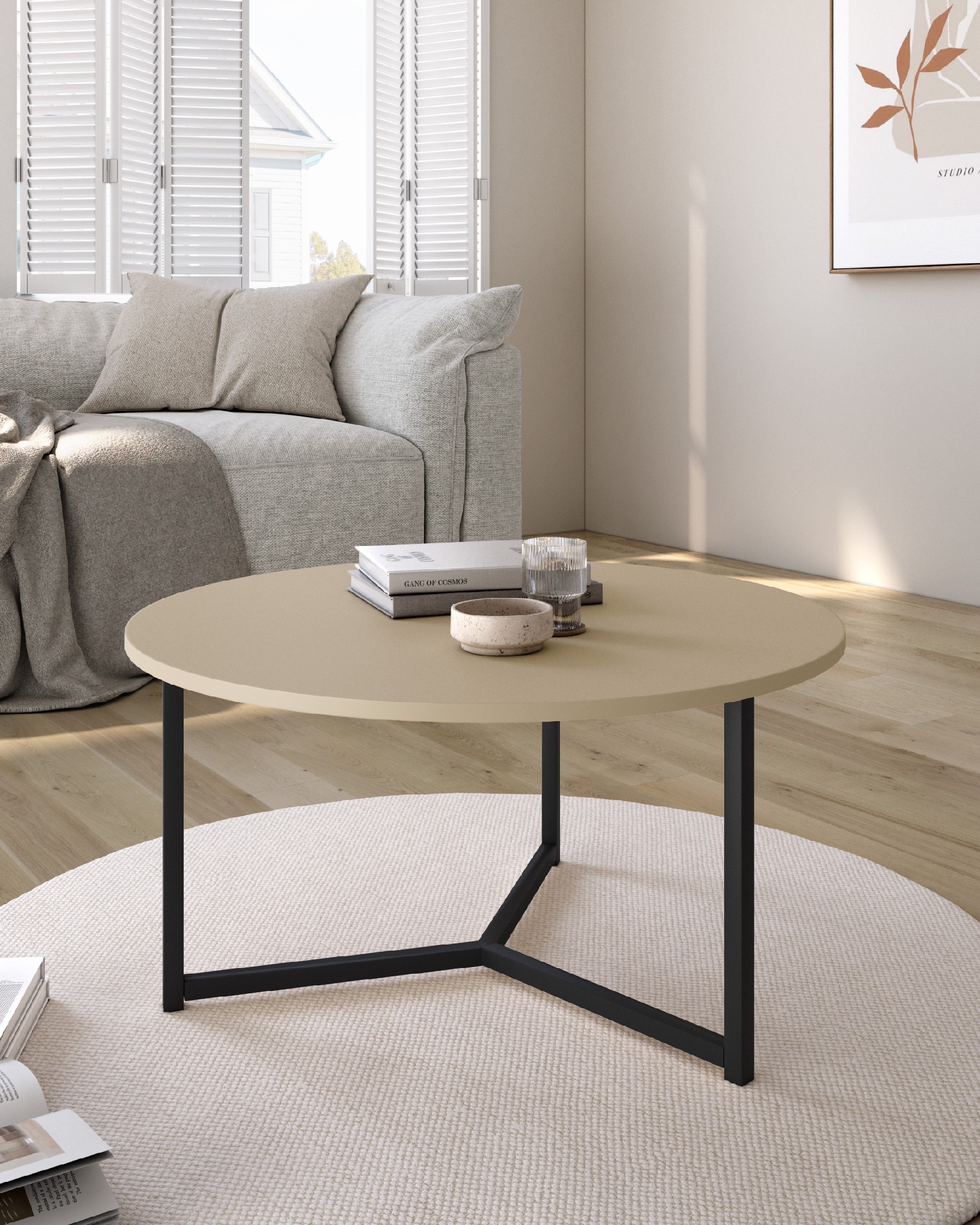 Table d'appoint Pacifique ronde avec plateau en mélamine perle et pied en métal noir Ø 80 cm