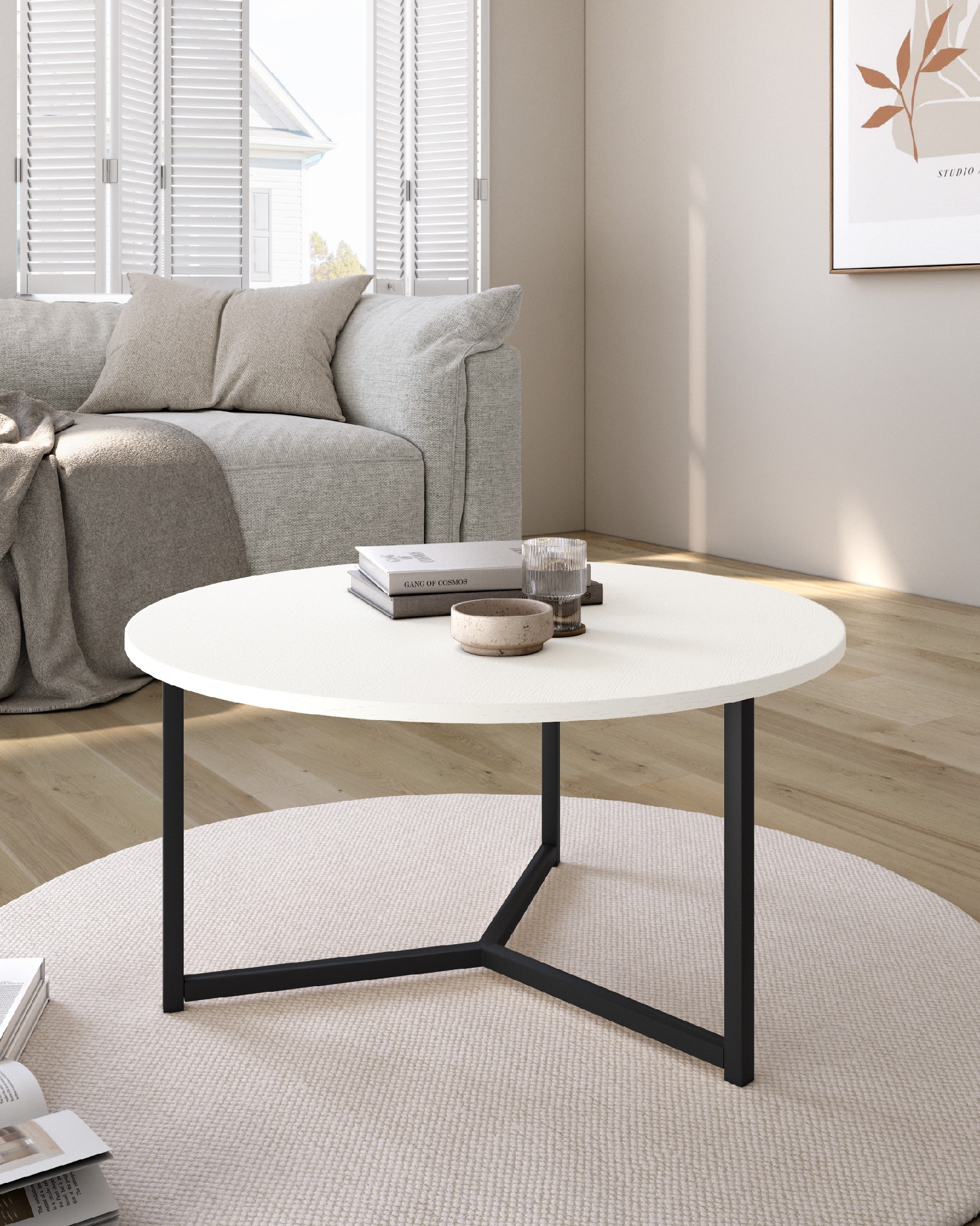 Table d'appoint Pacífico ronde avec plateau en mélamine soul blanc et pied métallique noir Ø 80 cm