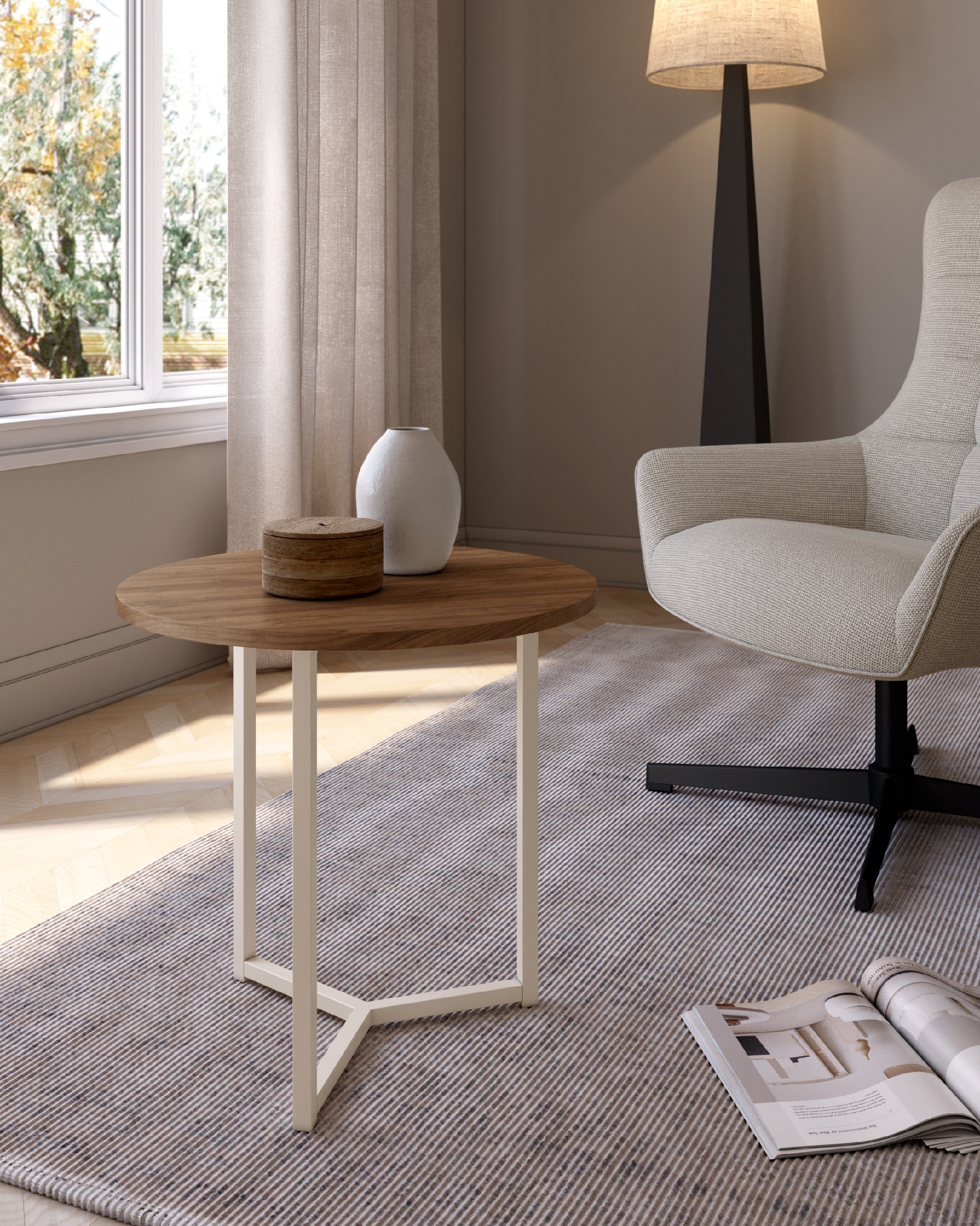 Round auxiliary table Pacific with Java melamine top and ivory metal leg Ø 50 cm