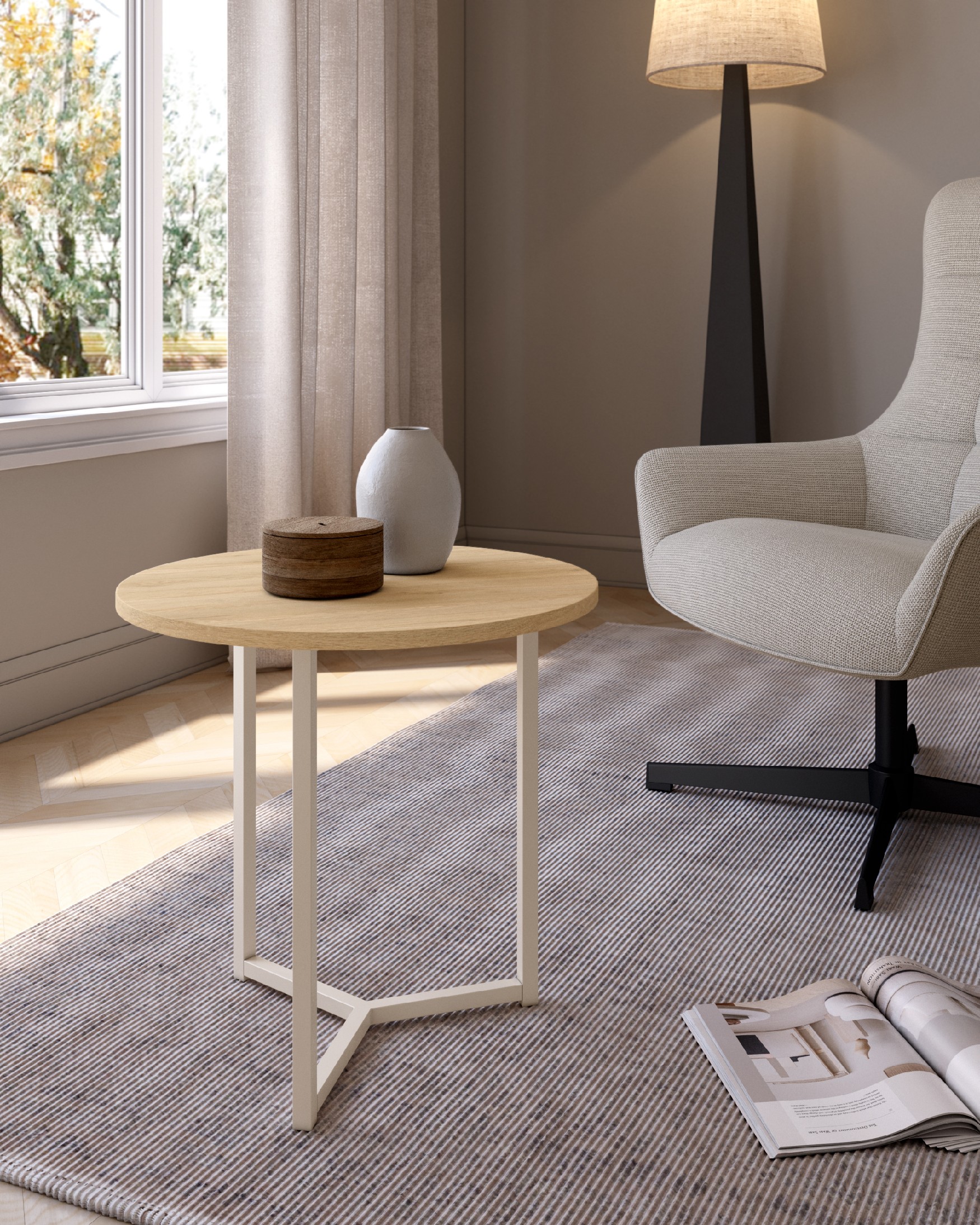 Pacífico round side table with natural oak melamine top and ivory metal leg Ø 50 cm