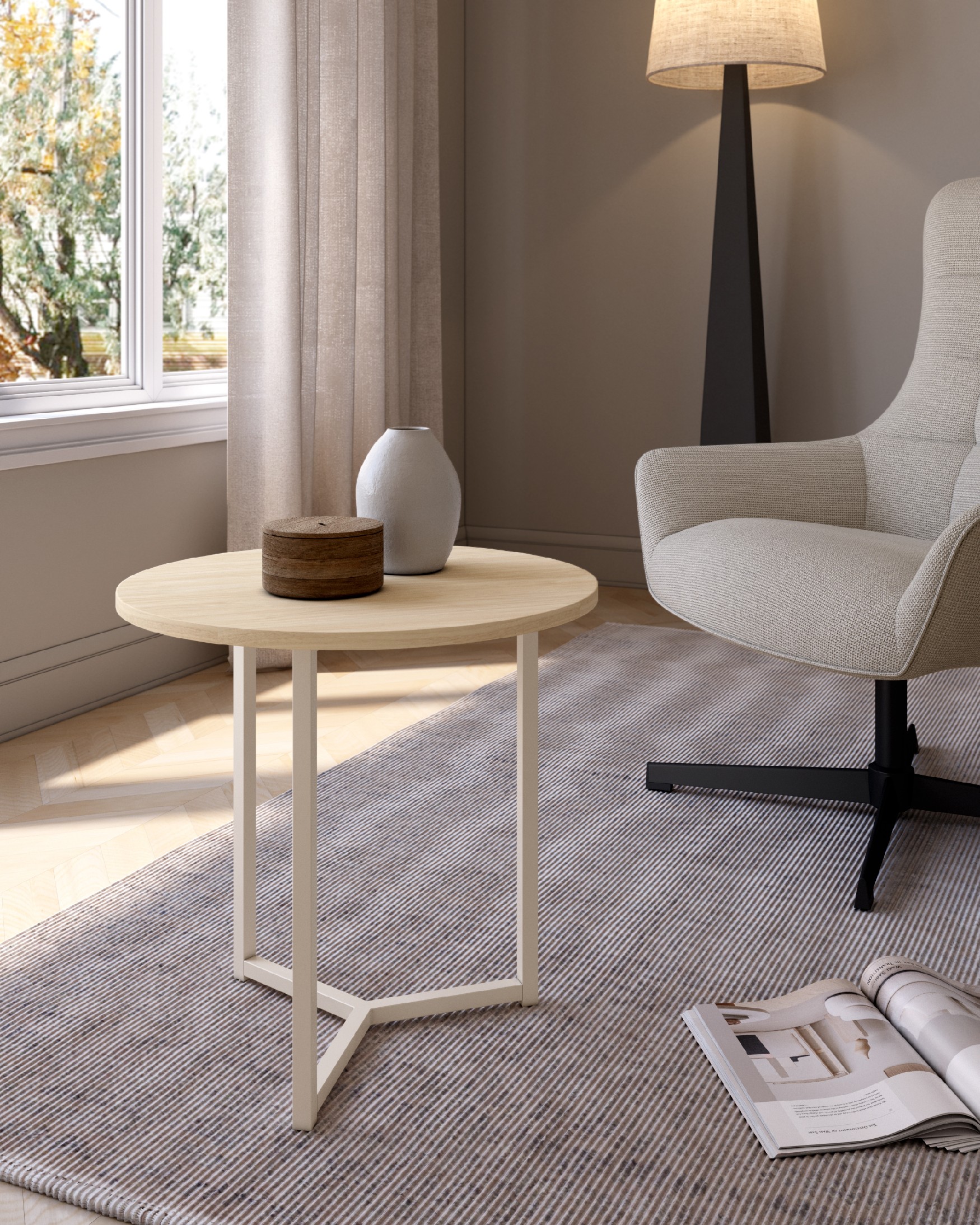 Pacífico round side table with alpine melamine top and ivory metal leg Ø 50 cm