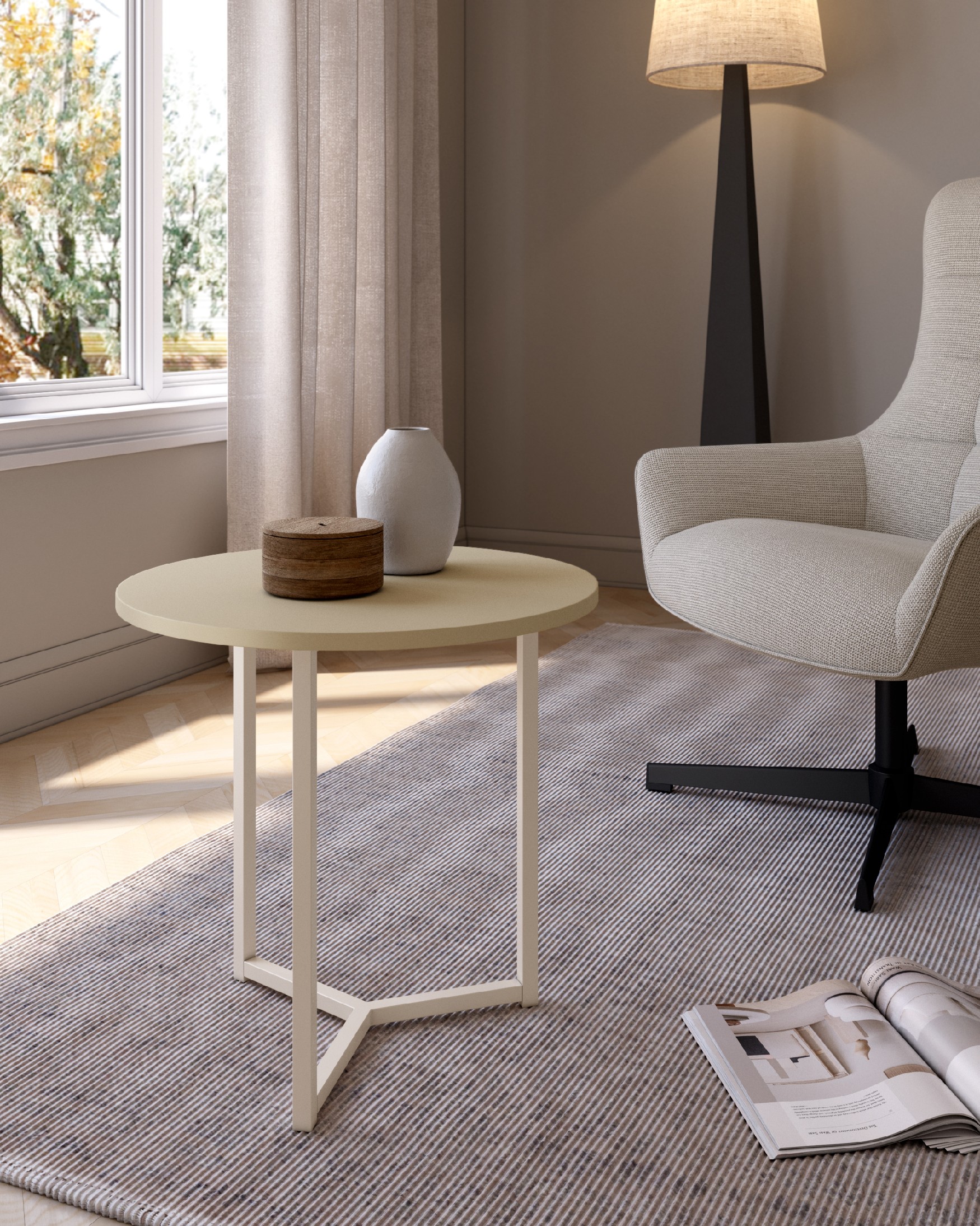 Pacific round side table with pearl melamine top and ivory metal leg Ø 50 cm