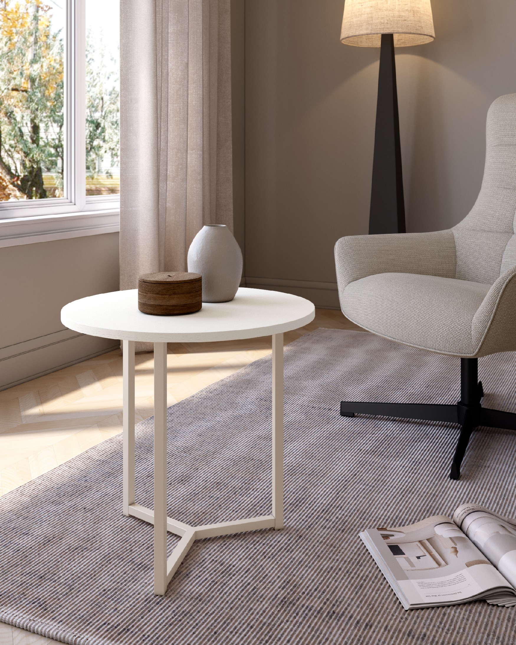 Table d'appoint Pacífico ronde avec plateau en mélamine soul blanc et pied métallique ivoire Ø 50 cm