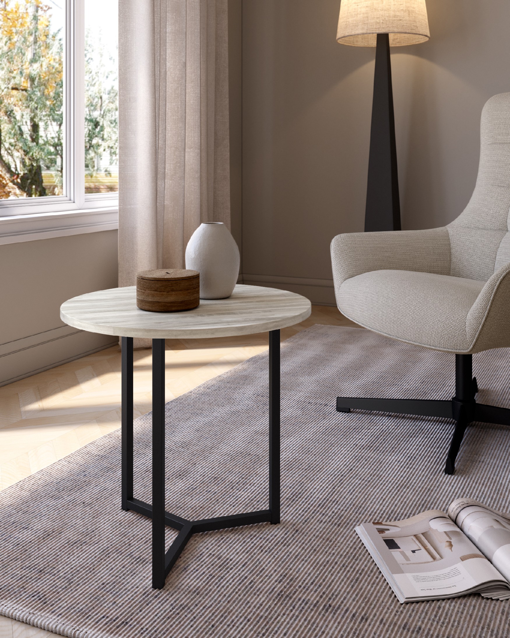 Table d'appoint Pacifique ronde avec plateau en mélamine artic et pied en métal noir Ø 50 cm