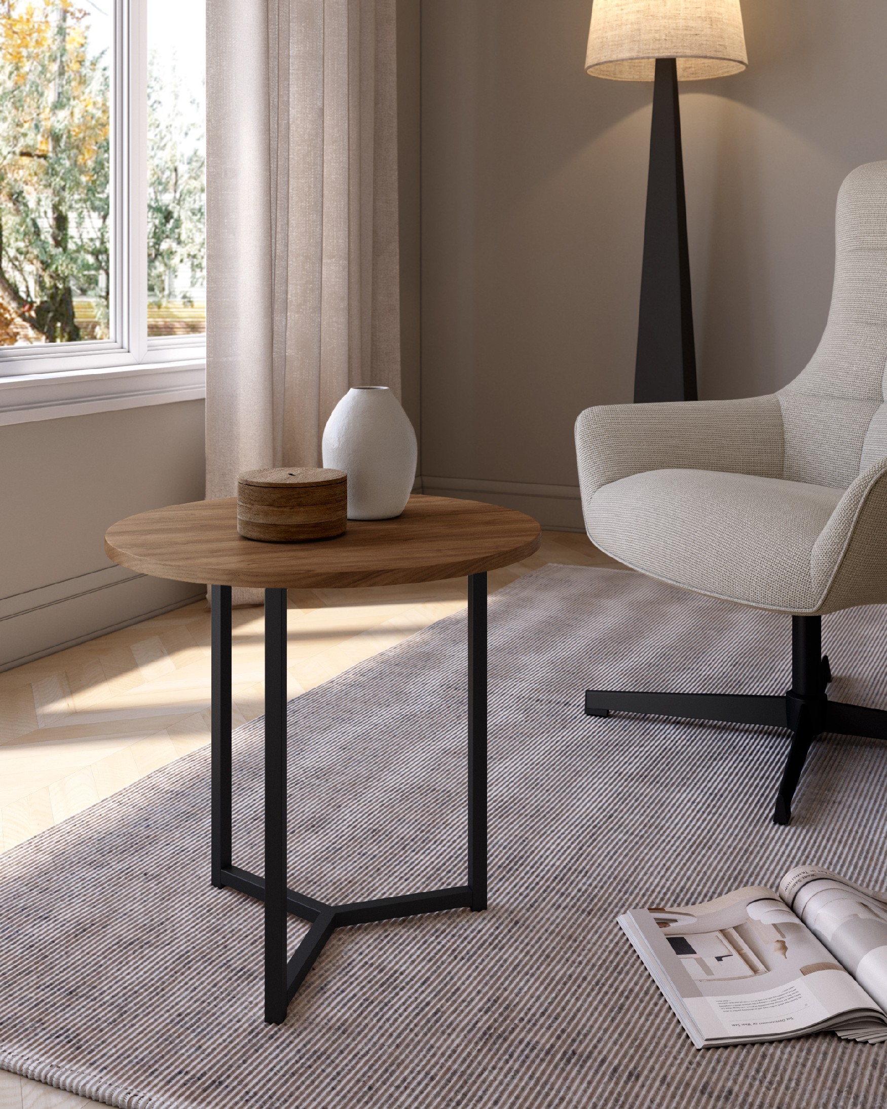 Round auxiliary table Pacific with Java melamine top and black metal leg Ø 50 cm