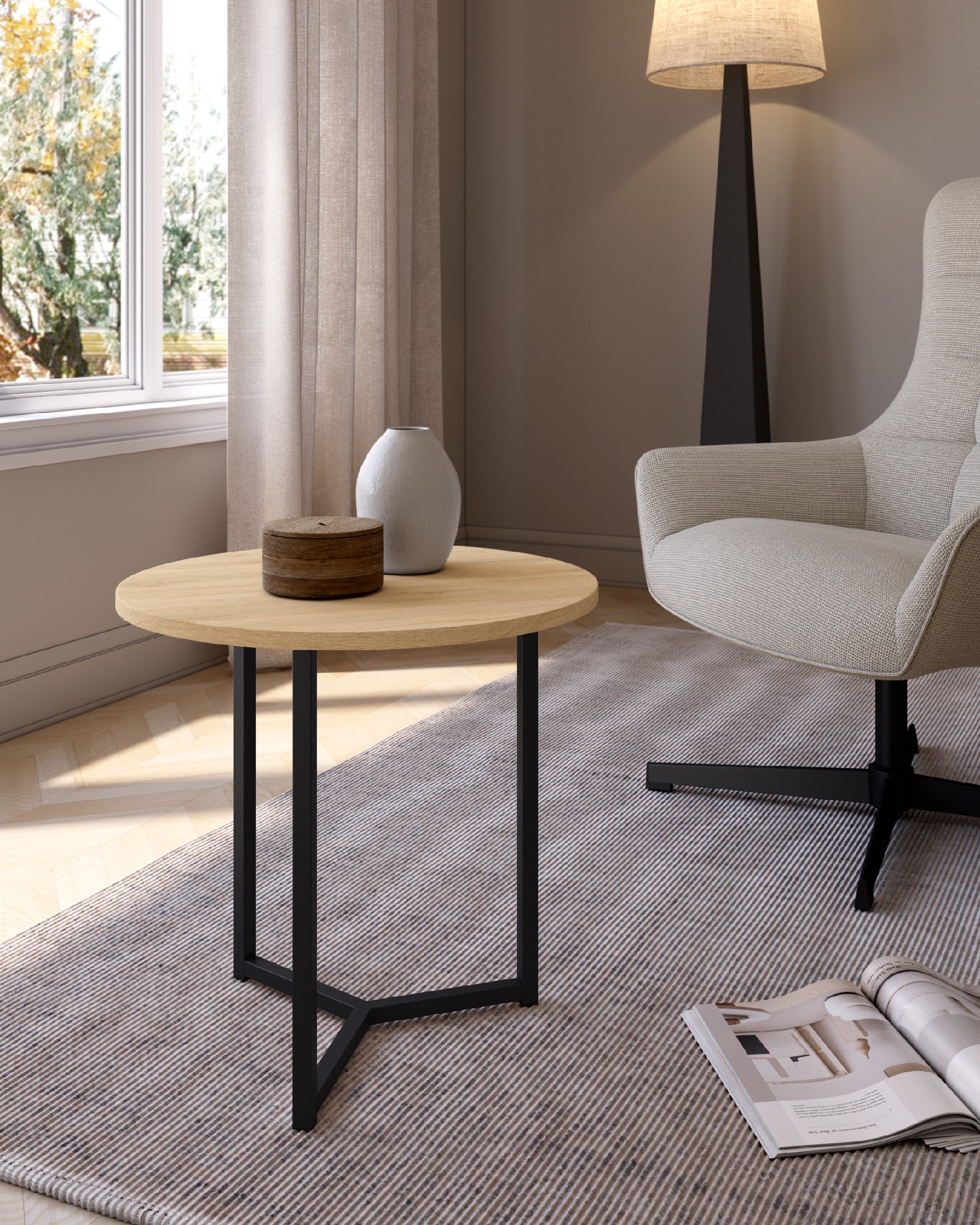 Table d'appoint Pacifique ronde avec plateau en mélamine chêne naturel et pied métallique noir Ø 50 cm