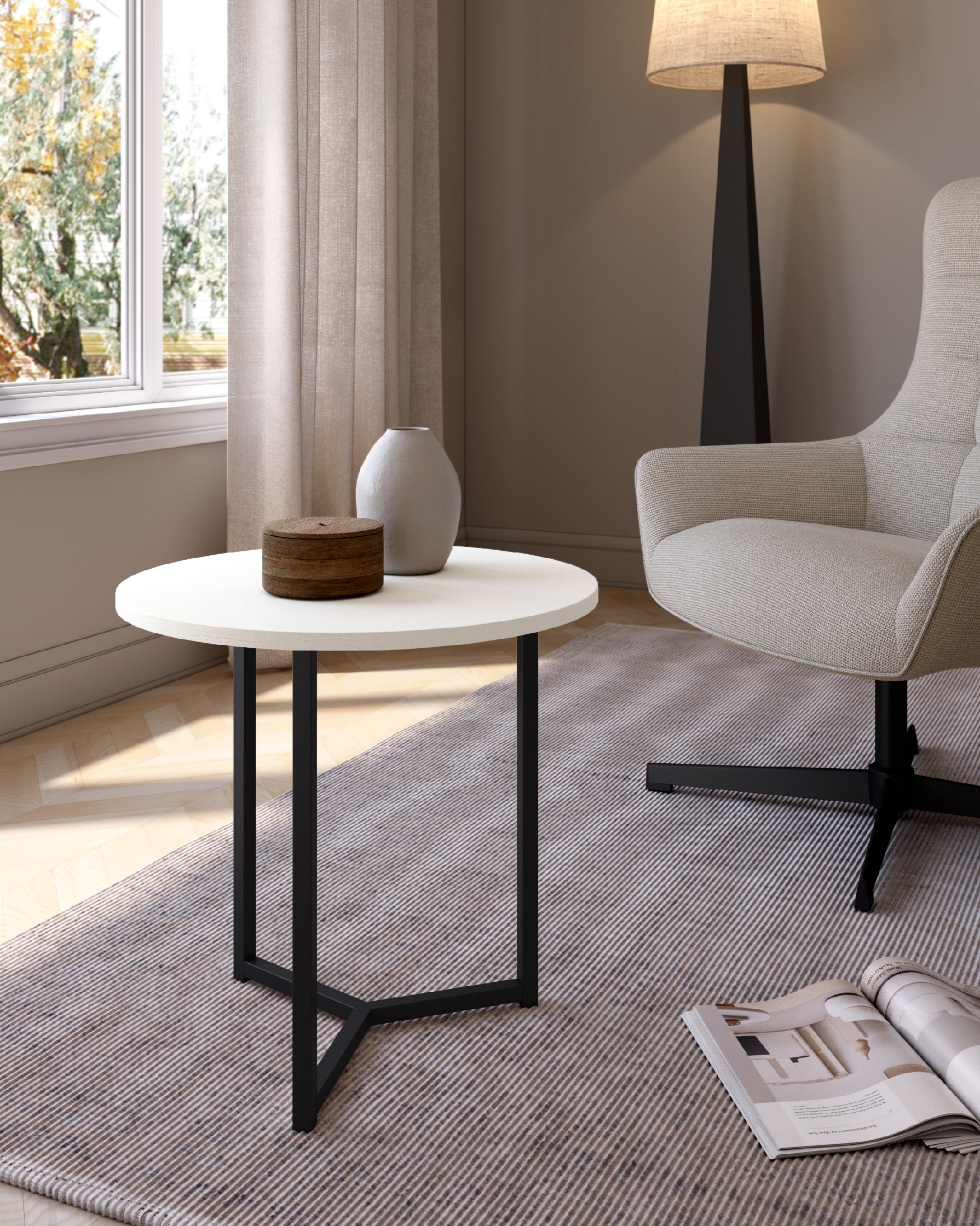 Round auxiliary table Pacífico with white soul melamine top and black metal leg Ø 50 cm