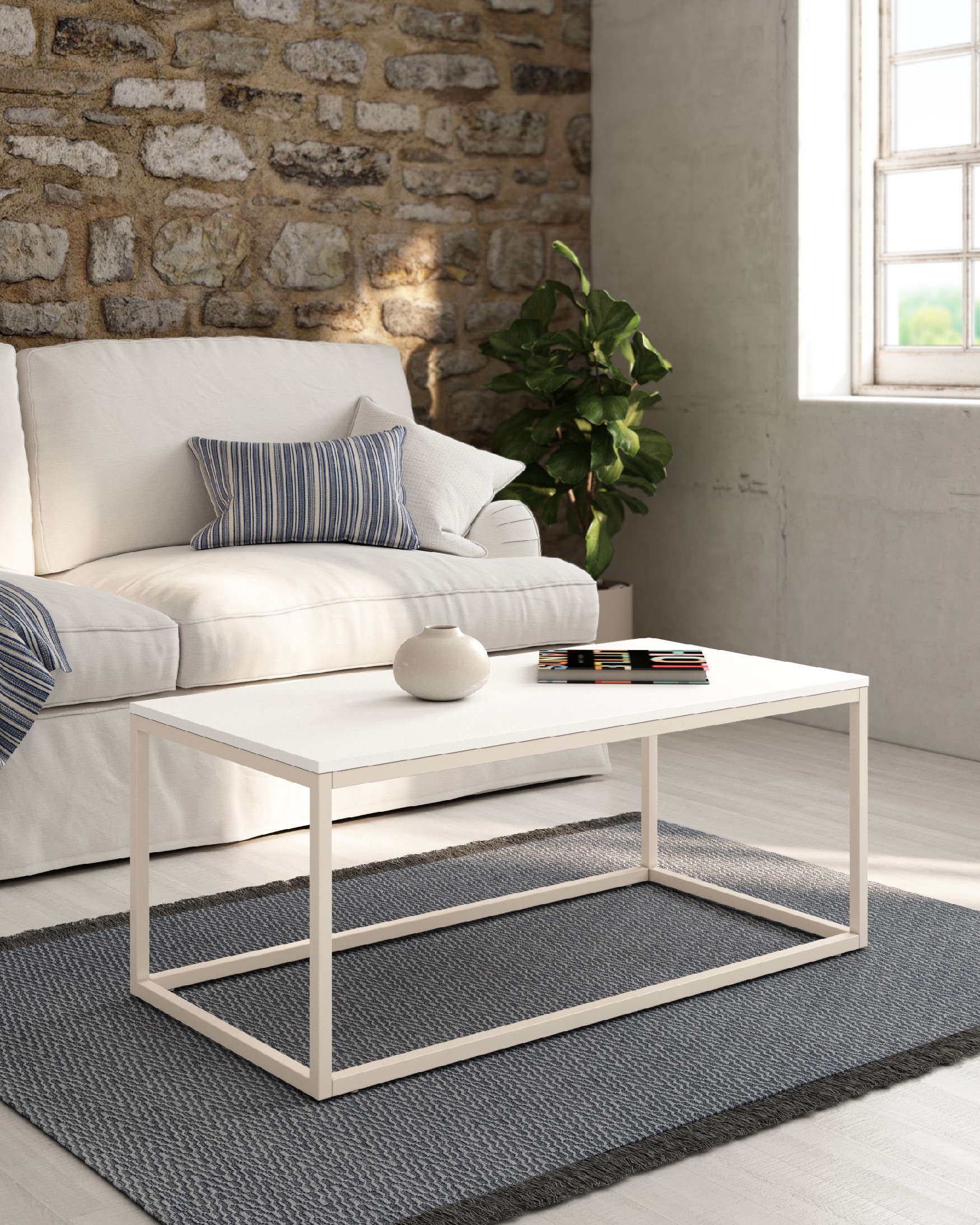 Table d'appoint Pacífico avec plateau en mélamine blanche extra et pied en métal ivoire 100 x 50 cm