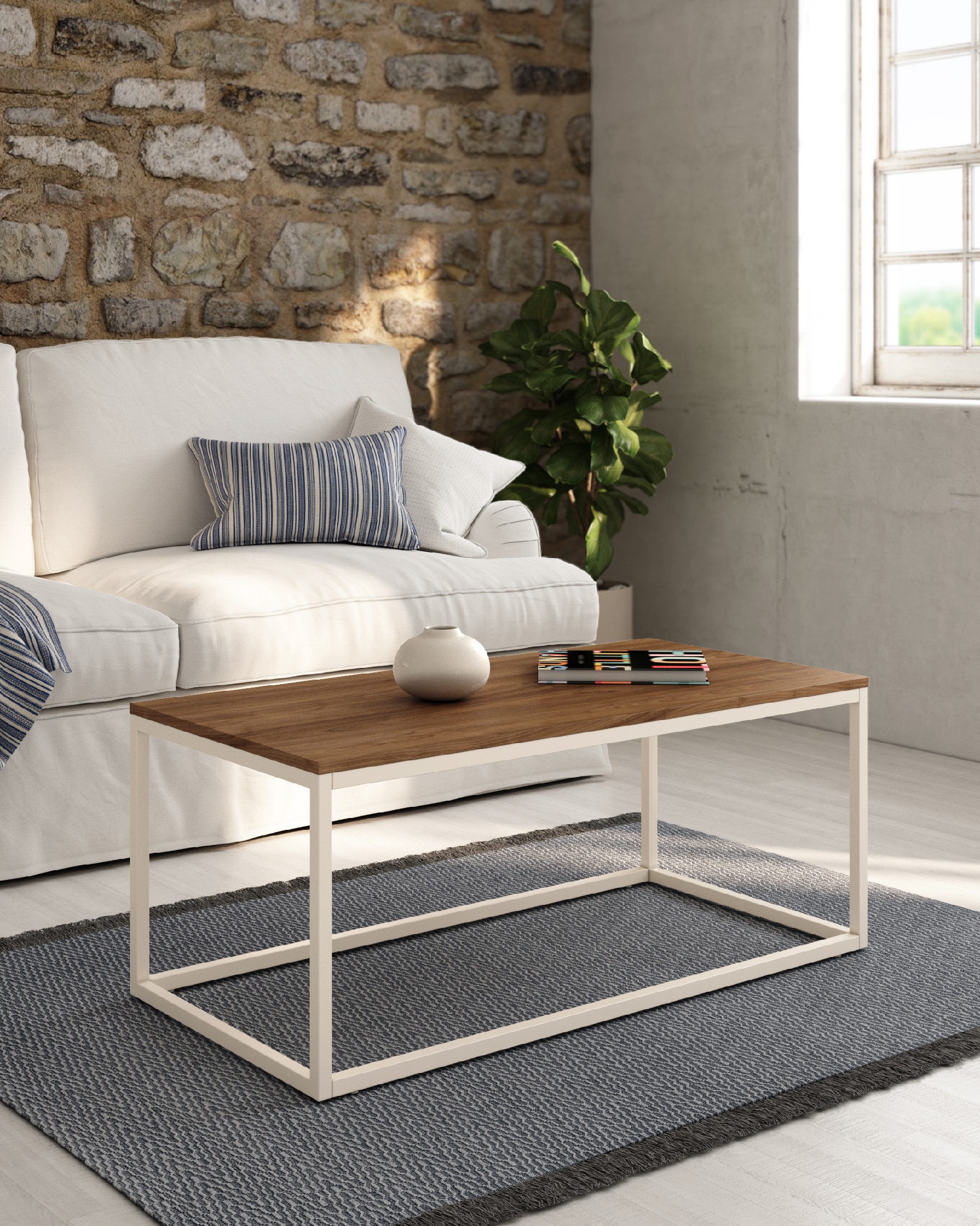 Pacífico side table with Java melamine top and ivory metal leg 100 x 50 cm