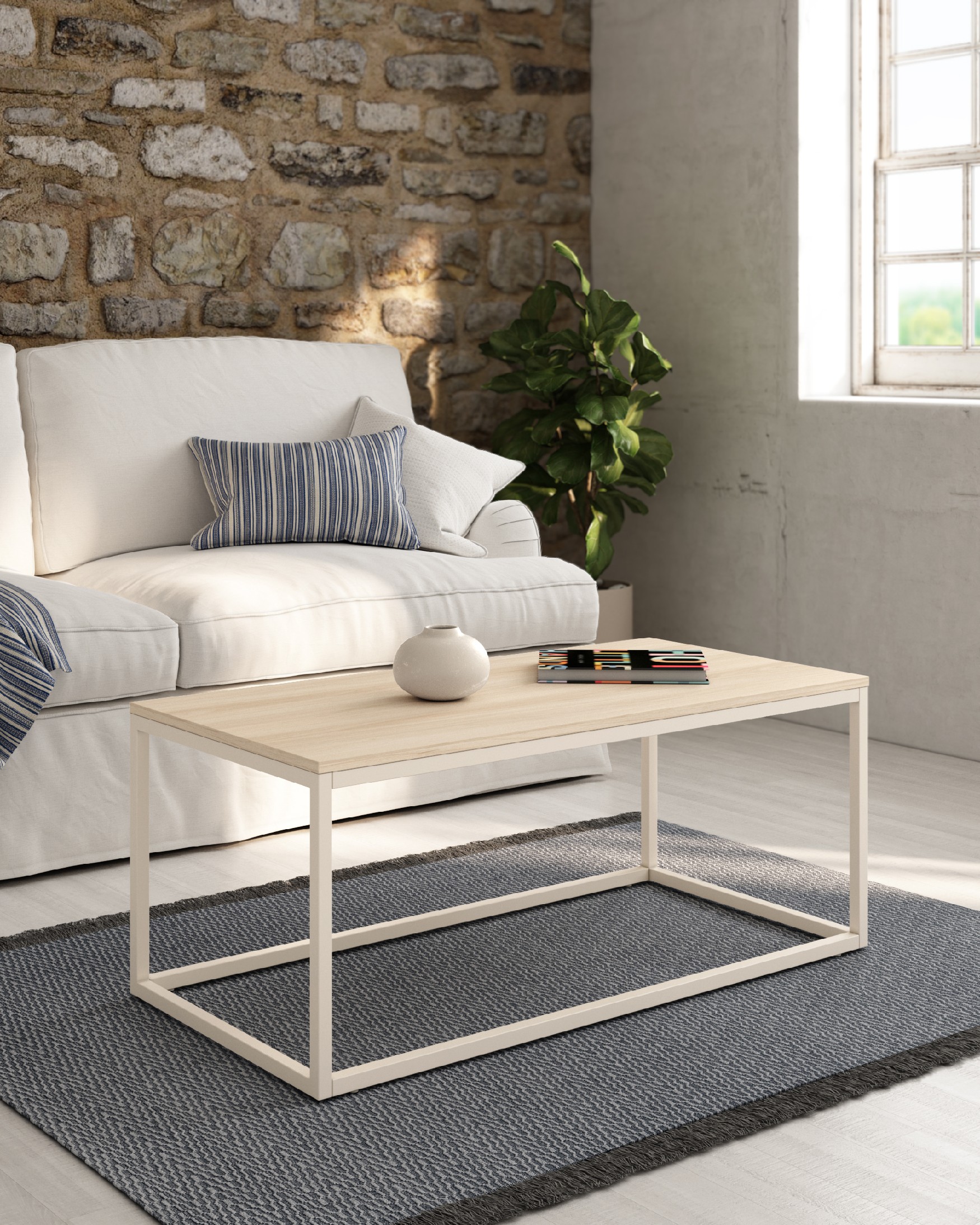 Table d'appoint Pacífico avec plateau en mélamine chêne et pied métallique ivoire 100 x 50 cm