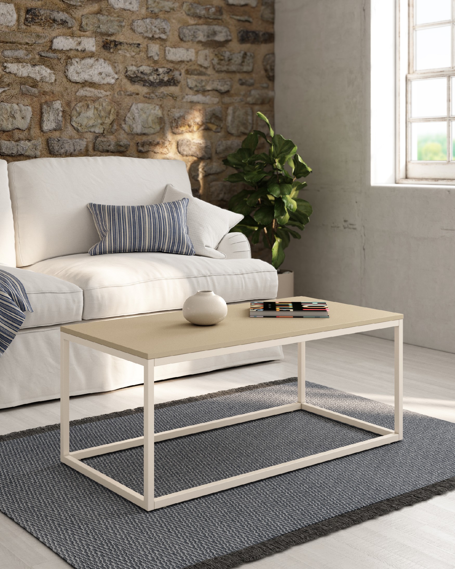 Pacífico side table with pearl melamine top and ivory metal leg 100 x 50 cm
