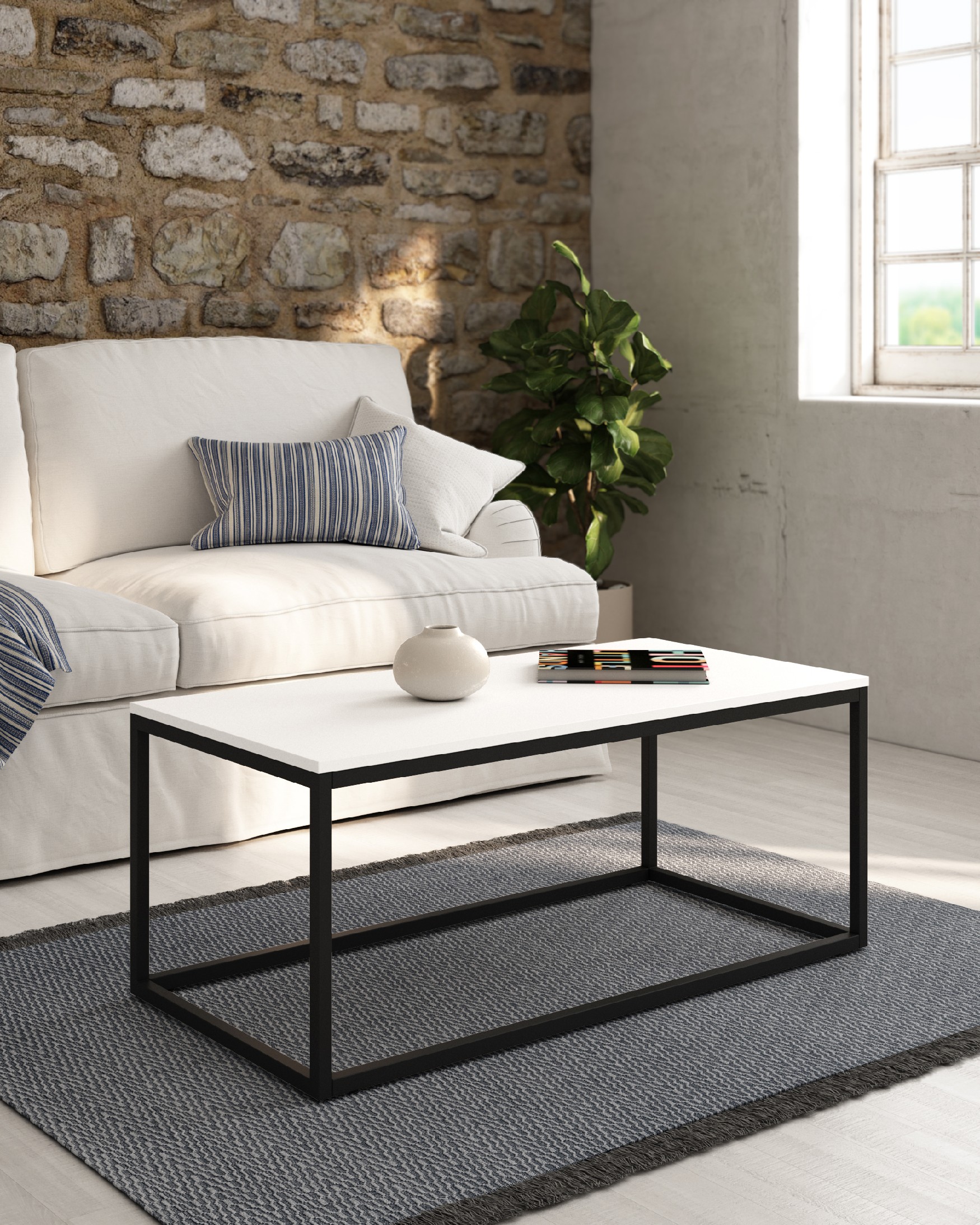Pacífico side table with extra white melamine top and black metal leg 100 x 50 cm